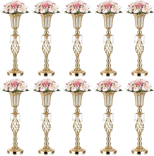 Jarrones de trompeta, decoración de mesa de centro de mesa, 10 jarrones dorados para centros de mesa con cristales de araña, jarrones de flores de
