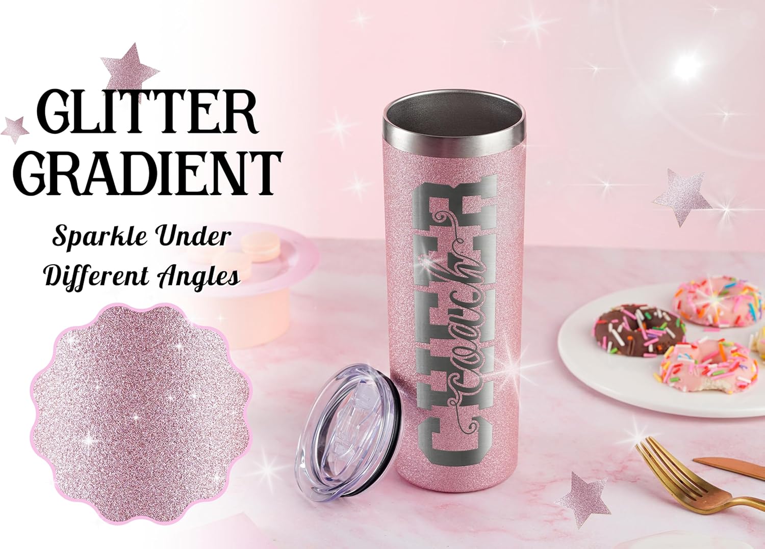 Onebttl Cheer Coach Gifts For Women, Her, Female - Cheer Coach - 20oz/590ml Stainless Steel Skinny Insulated Tumbler with Straw, Lid - Gift for Cheerleading or Cheerleader Coachs - Glitter Pink - Image 3