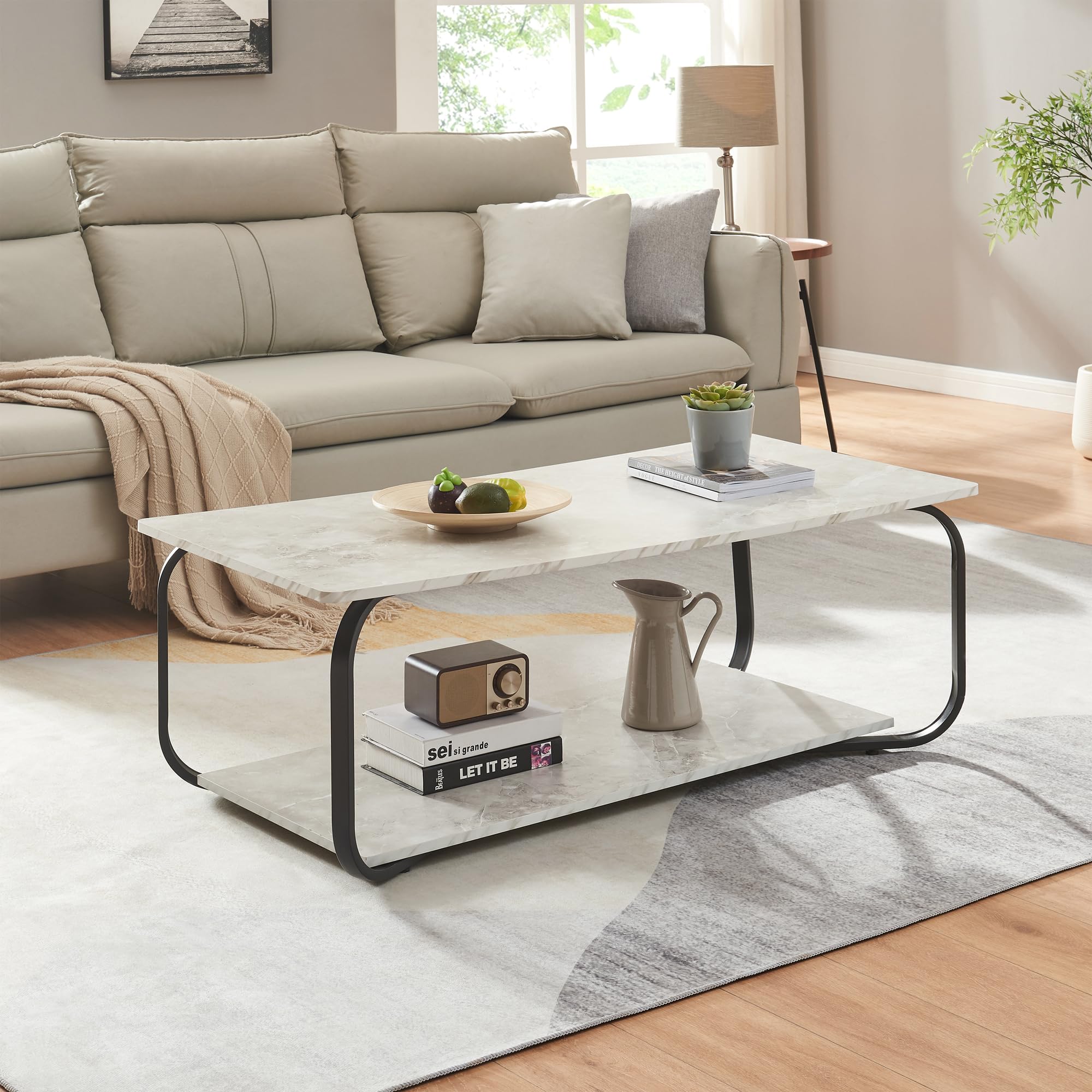 [en.casa] Couchtisch Kolta 120x60x43 cm Marmoroptik, Weiß Sofatisch mit untere Ablagefläche Wohnzimmertisch mit Stauraum
