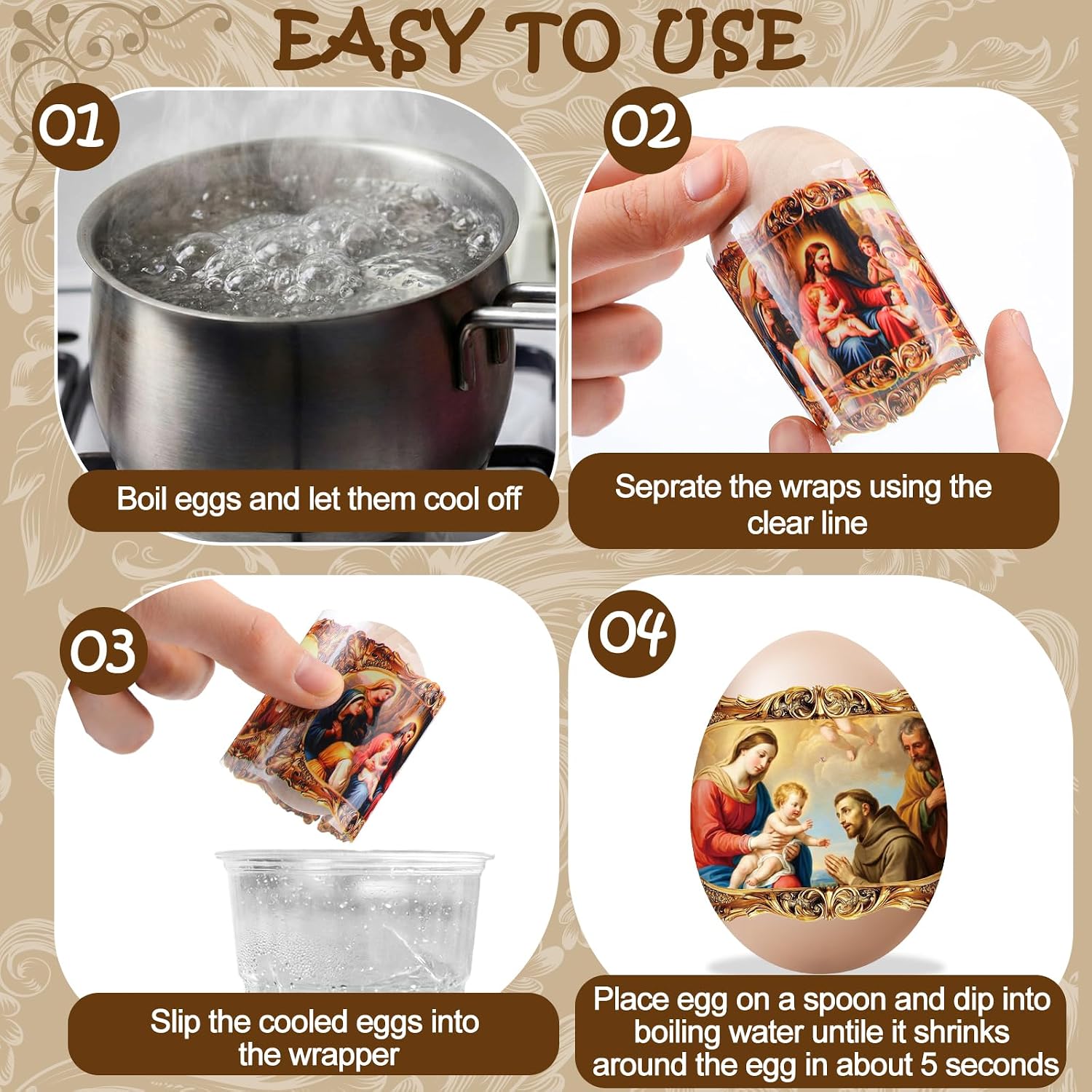 Eaasty 24 Pcs Orthodox Easter Egg Wraps Virgin Mary Jesus Icons Heat Shrink Sleeves Ukrainian Pysanky Supplies Traditional Easter Eggs Decorating Kit for Orthodox Party Decoration Eggs