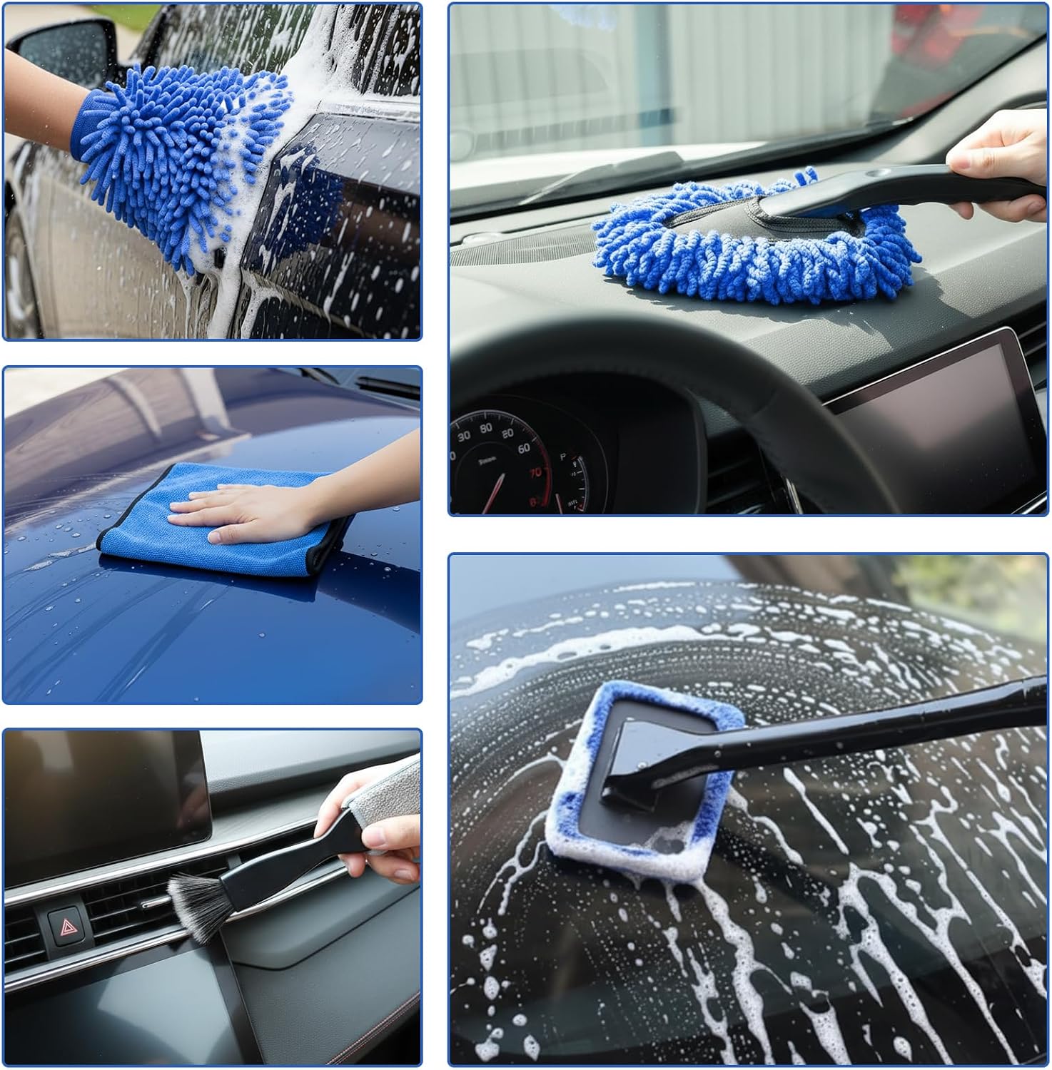 32-Piece Car Detailing Kit with Drill Brush Attachments & Polishing Pads – Professional Auto Detailing Brushes, Wheel & Tire Cleaning Tools with Storage Bag (Blue)