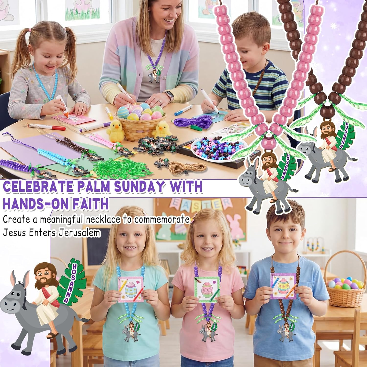 Kenning 582 Pcs/30 Sets Easter Palm Sunday Craft Kit Christian Wooden Jesus Enters Jerusalem Necklace with Beads and Strings Religious Easter DIY Church Craft for Religious Sunday School Activities