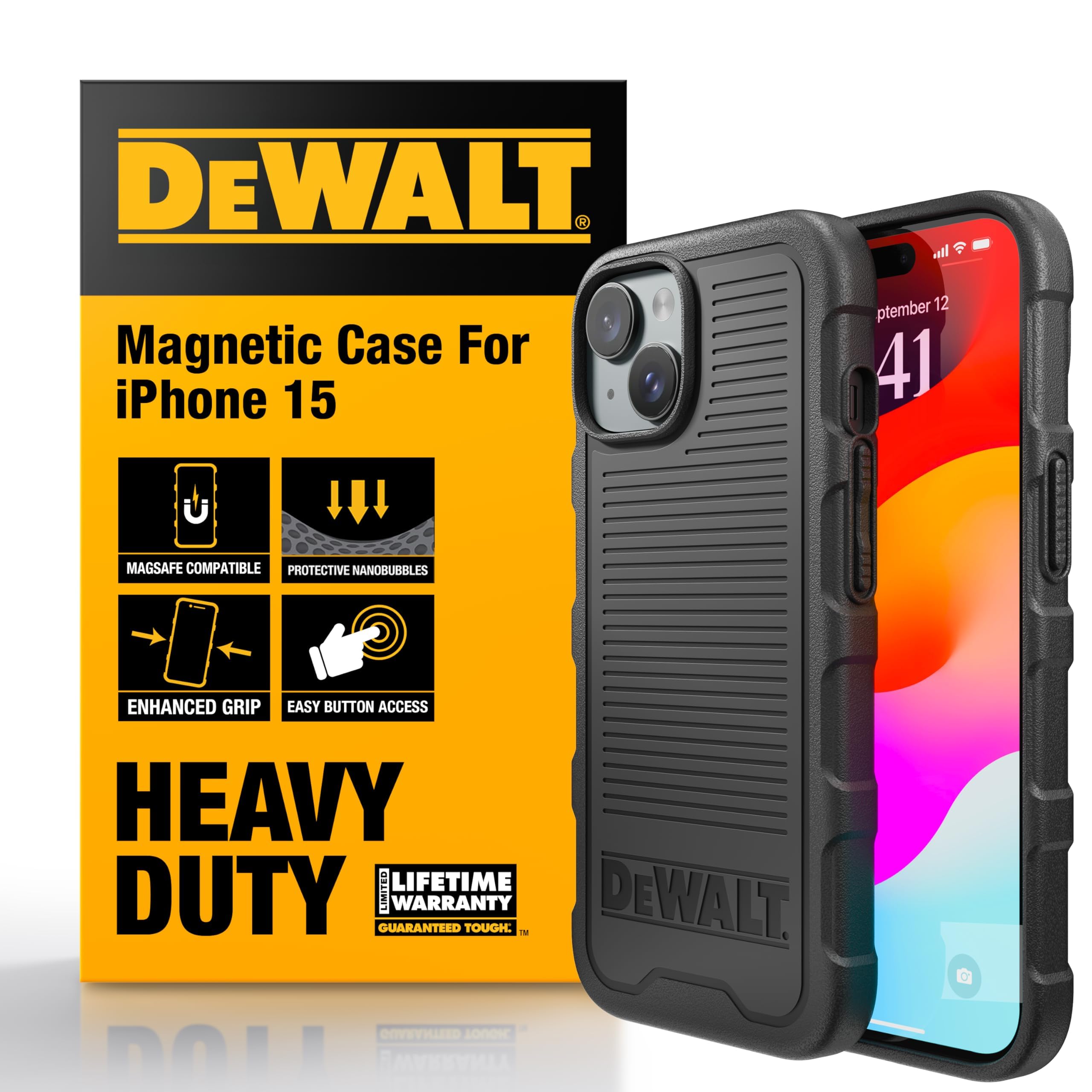DEWALT Funda Magnética Resistente para iPhone 15 Compatible con MagSafe, Carcasa Antigolpes con Protección contra Caídas, Diseño Slim con Agarre Antideslizante, Matte Black
