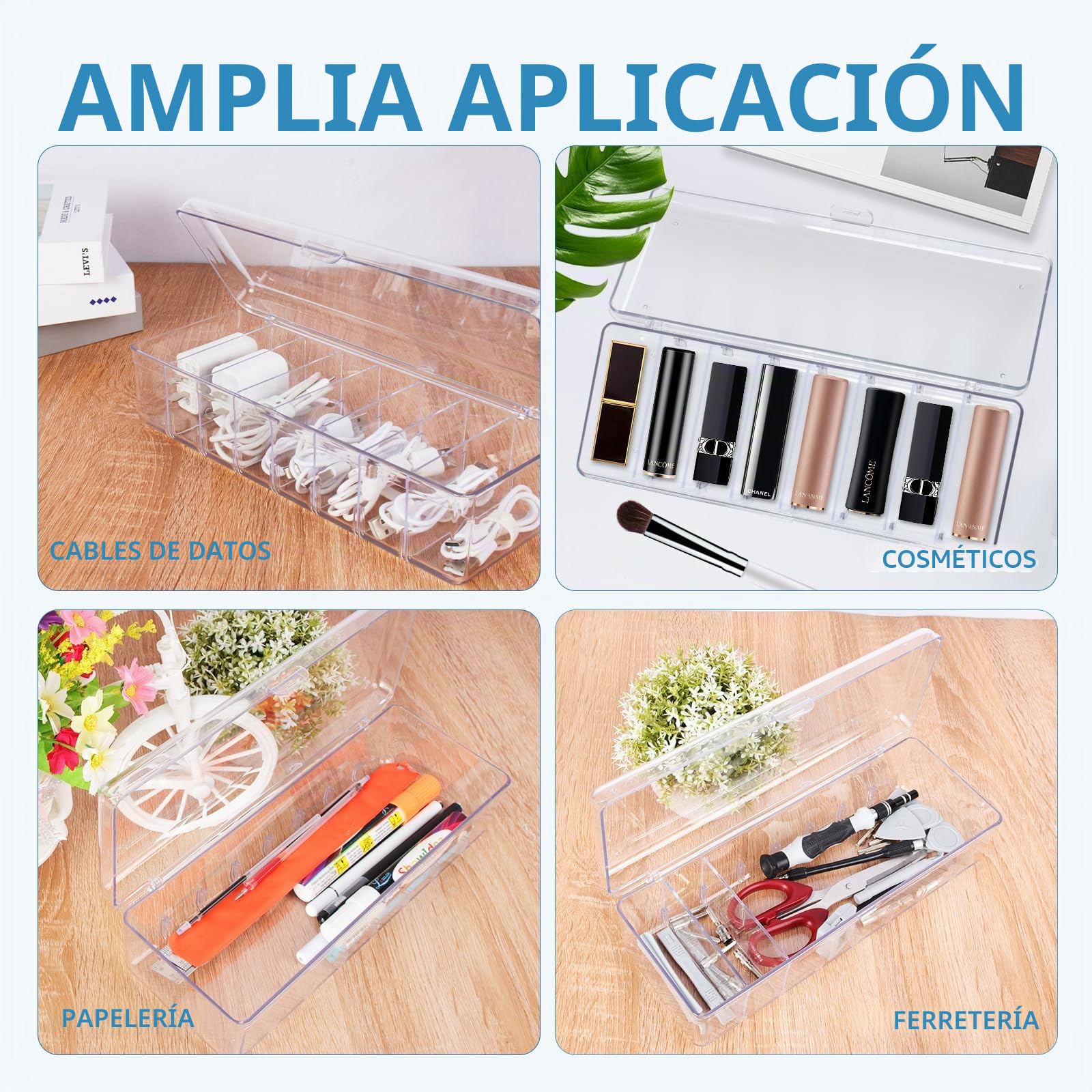 Arvok 2 Piezas Organizador de Cables con Tapa, Caja de Gestión de Cables con 8 Compartimentos Ajustables, Caja de Plástico para Almacenamiento de Escritorio, Guardar y Clasificar Cable de Carga