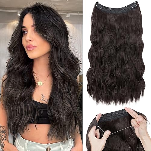 S-noilite Extensiones de cabello con alambre invisible de 24 pulgadas, color negro, largo, ondulado, sintético, postizo secreto con clips de alambre