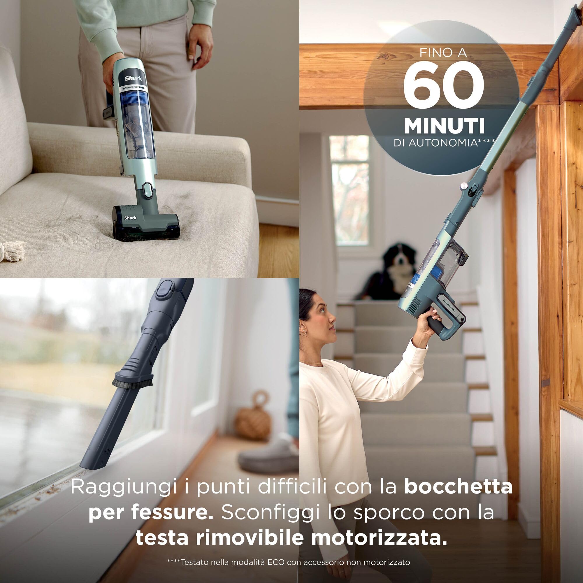 Shark Detect Speed Clean & Empty Pet Pro Aspirapolvere senza fili, Reverse Clean, autonomia fino a 60 minuti, base autosvuotante, accessorio per animali domestici, Colore Verde Salvia IA3243EUT