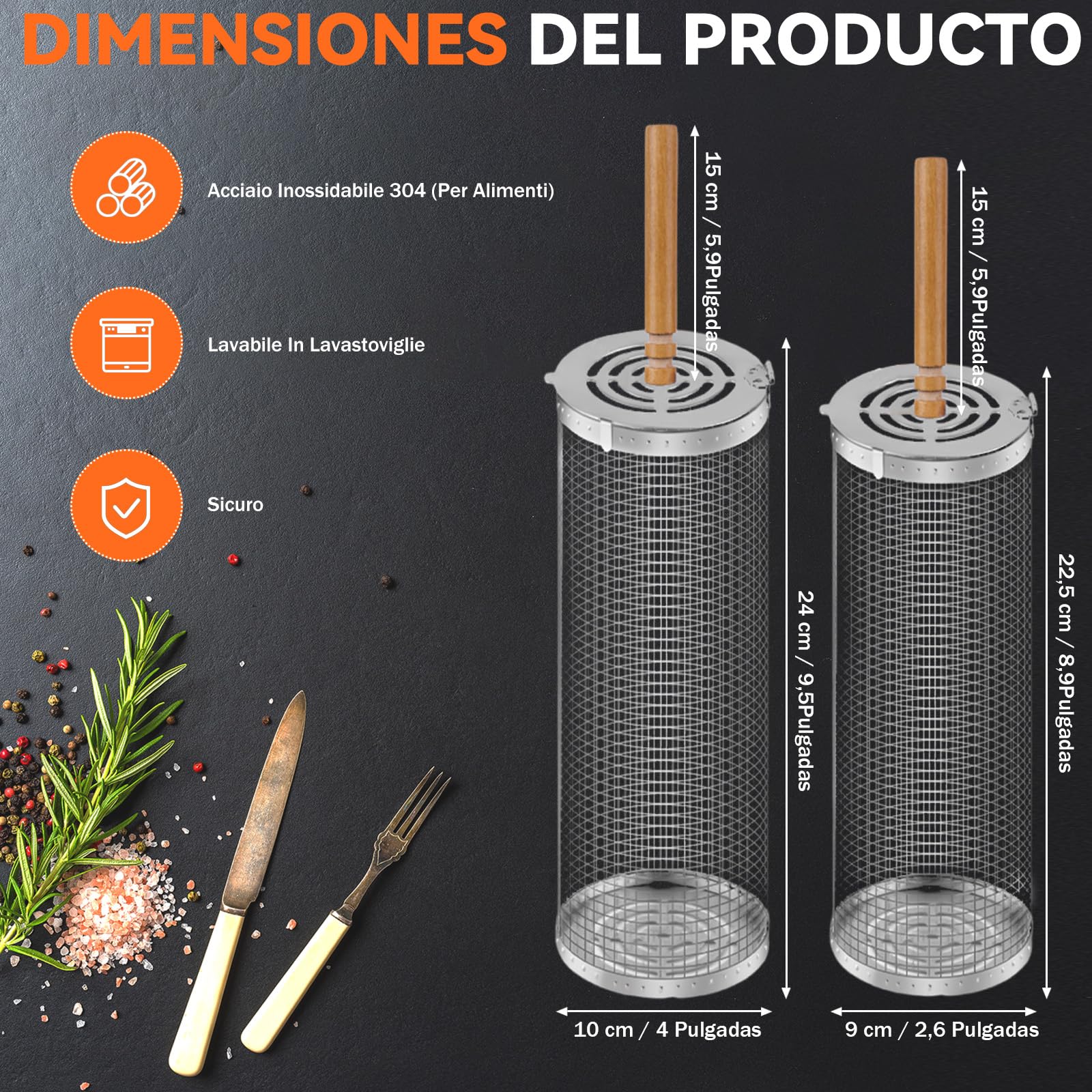 Juego de Cestas de Parrilla de Acero Inoxidable con Mango de Madera - 2 Cestas de Barbacoa Giratorias y Plegables, 31x10cm + 30x9cm, para Verduras, Carne, Pescado en Parrilla y Fogata - 3