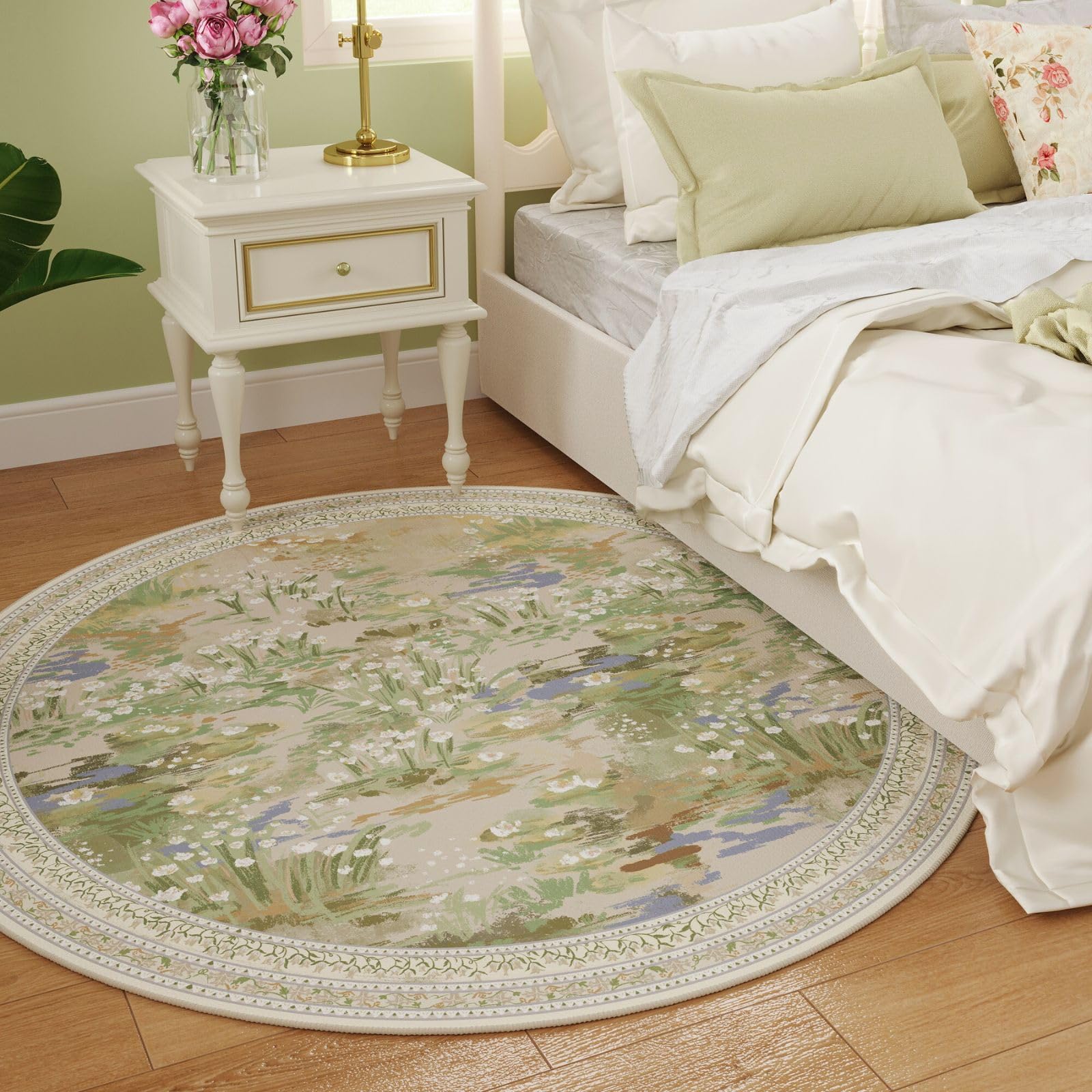 Rugcomf Circle Rug Impressionist-Style Vintage Round Rug 6ft Non Slip Low Pile Small Circular Rug for Bedroom Bathroom Entryway Kids Room Office College Dorm, Green: Beige 6' (Round)