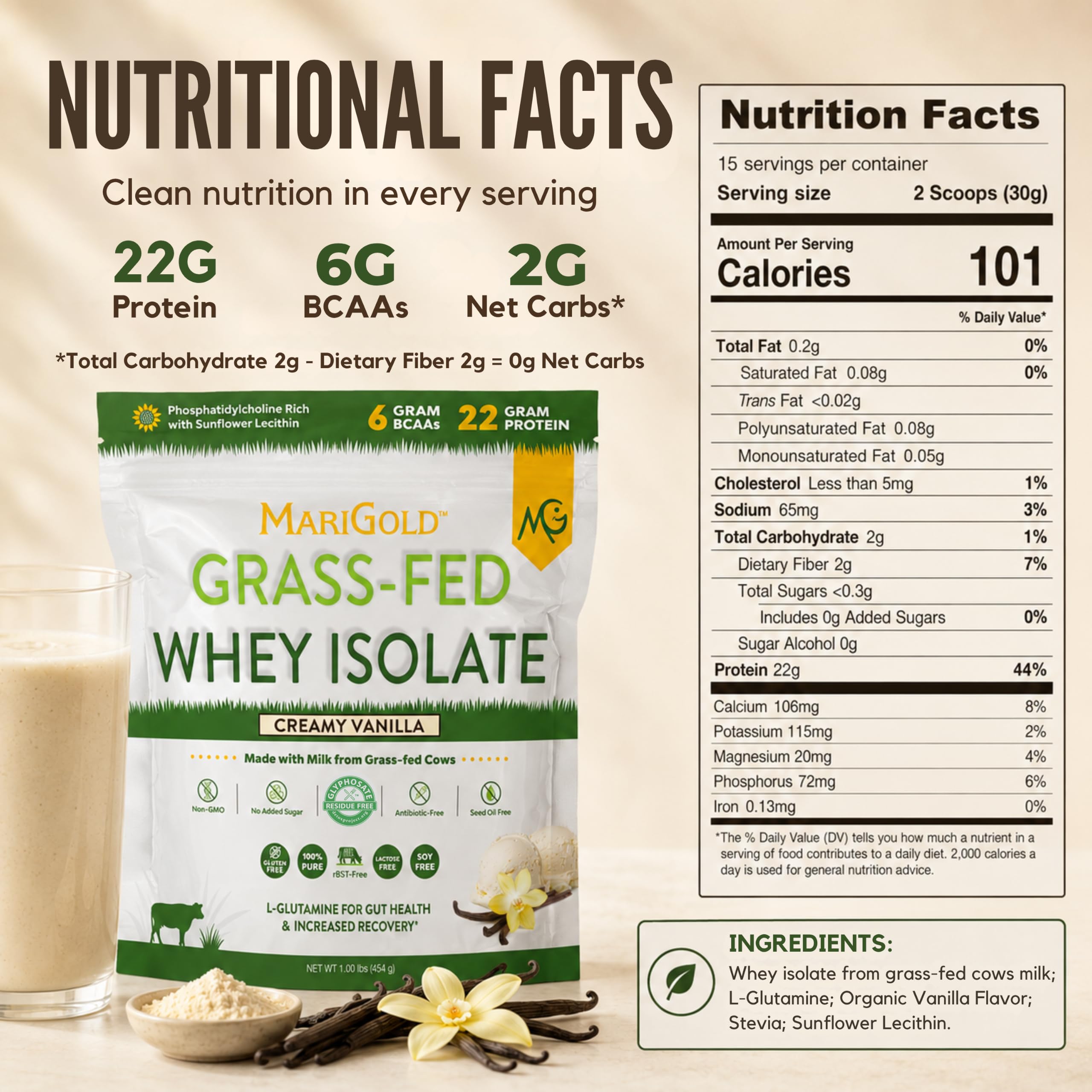 MariGold Grass-fed Whey Protein Isolate, Creamy Vanilla - 1lb Bag — Amazon image 8