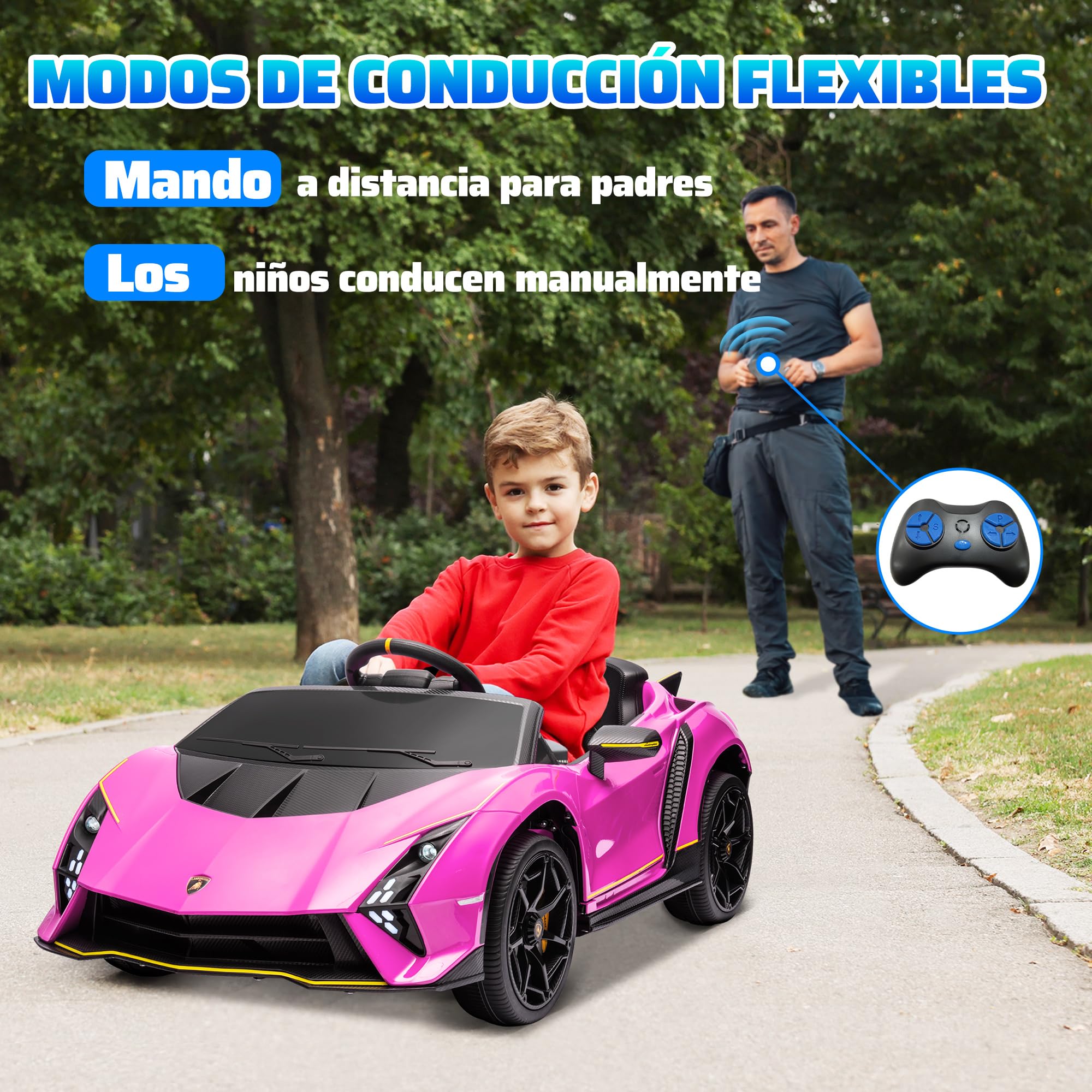 AIYAPLAY Coche Eléctrico para Niños de +3 Años Lamborghini Autentica 2 Motores Potentes Coche Eléctrico con Batería 12V Velocidad 3-5 km/h Mando a Distancia 2,4G Faros Bocina Arranque Suave y MP3 Rosa