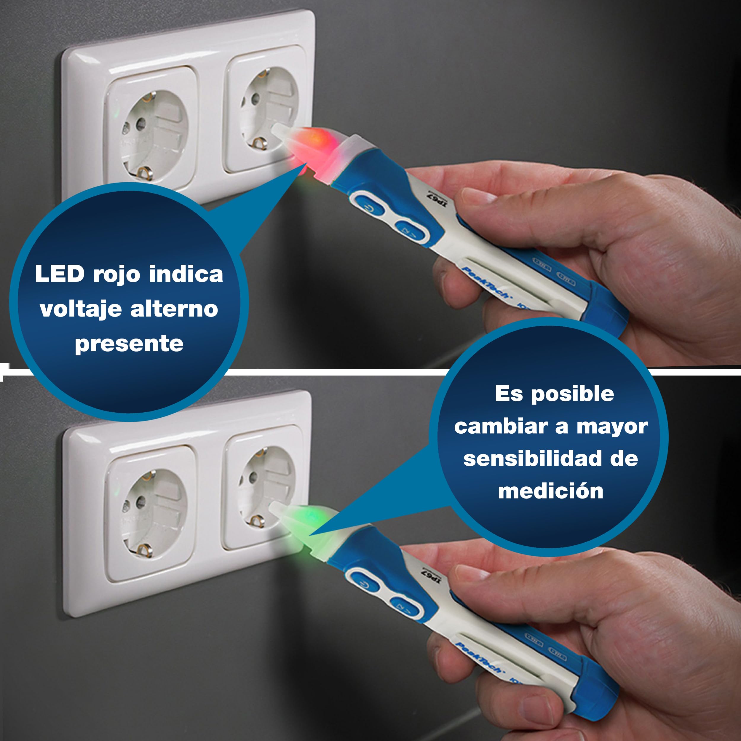 PeakTech, 1032 Comprobador de tensión CA sin contacto [+LED lámpara de señalización y vibración] 12-1000 V CA rango de funcionamiento, detector de línea, localizador de línea, comprobador de fase