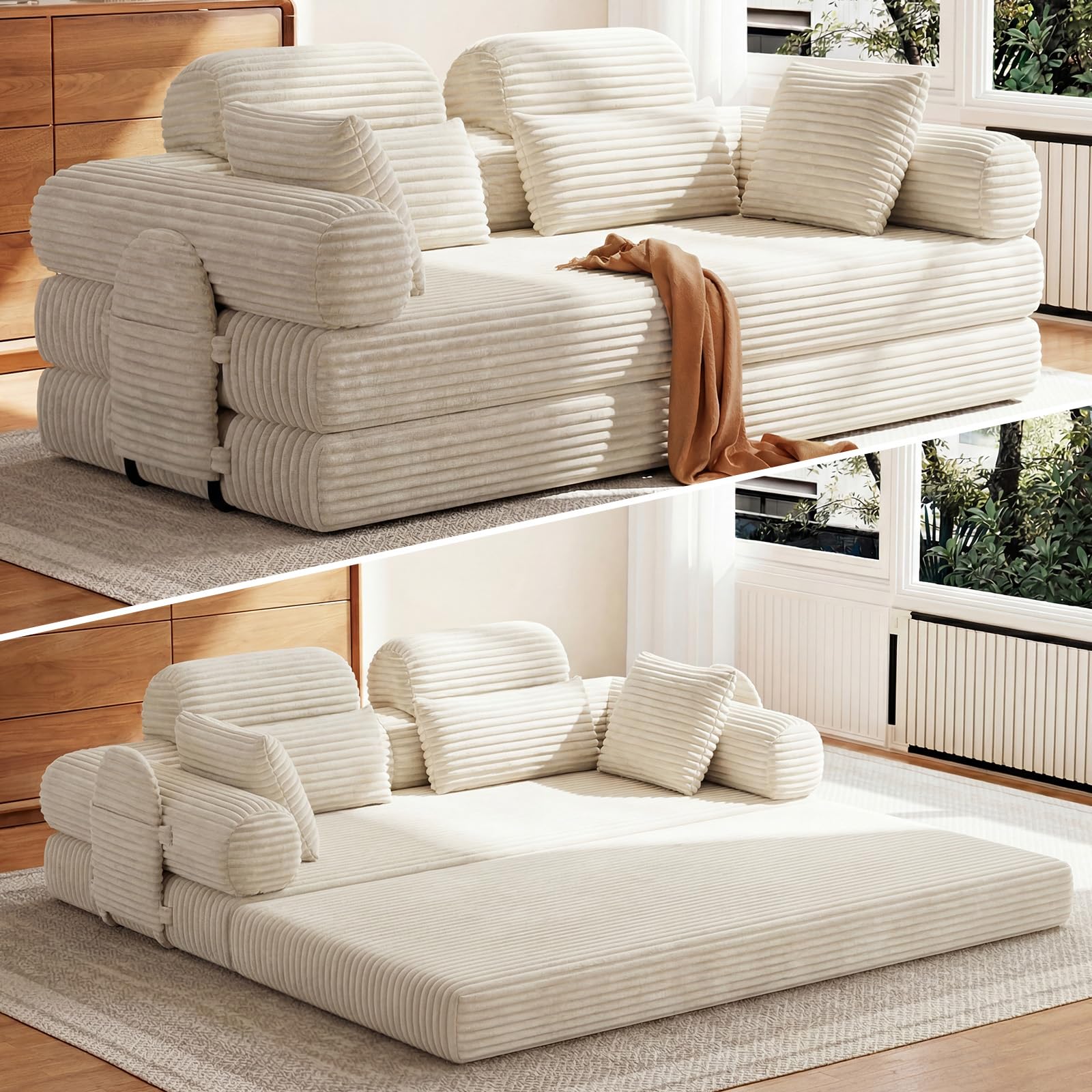 HOMRELEXA Schlafsofa 200cm Breit, Boneless Couch, Bodensofa Bed mit Hohe Rückenlehne, Abnehmbare Integrierte Kopf- und Lendenstütze, 2 Zierkissen, Seitentasche, Cord Sofa mit schlaffunktion, Beige