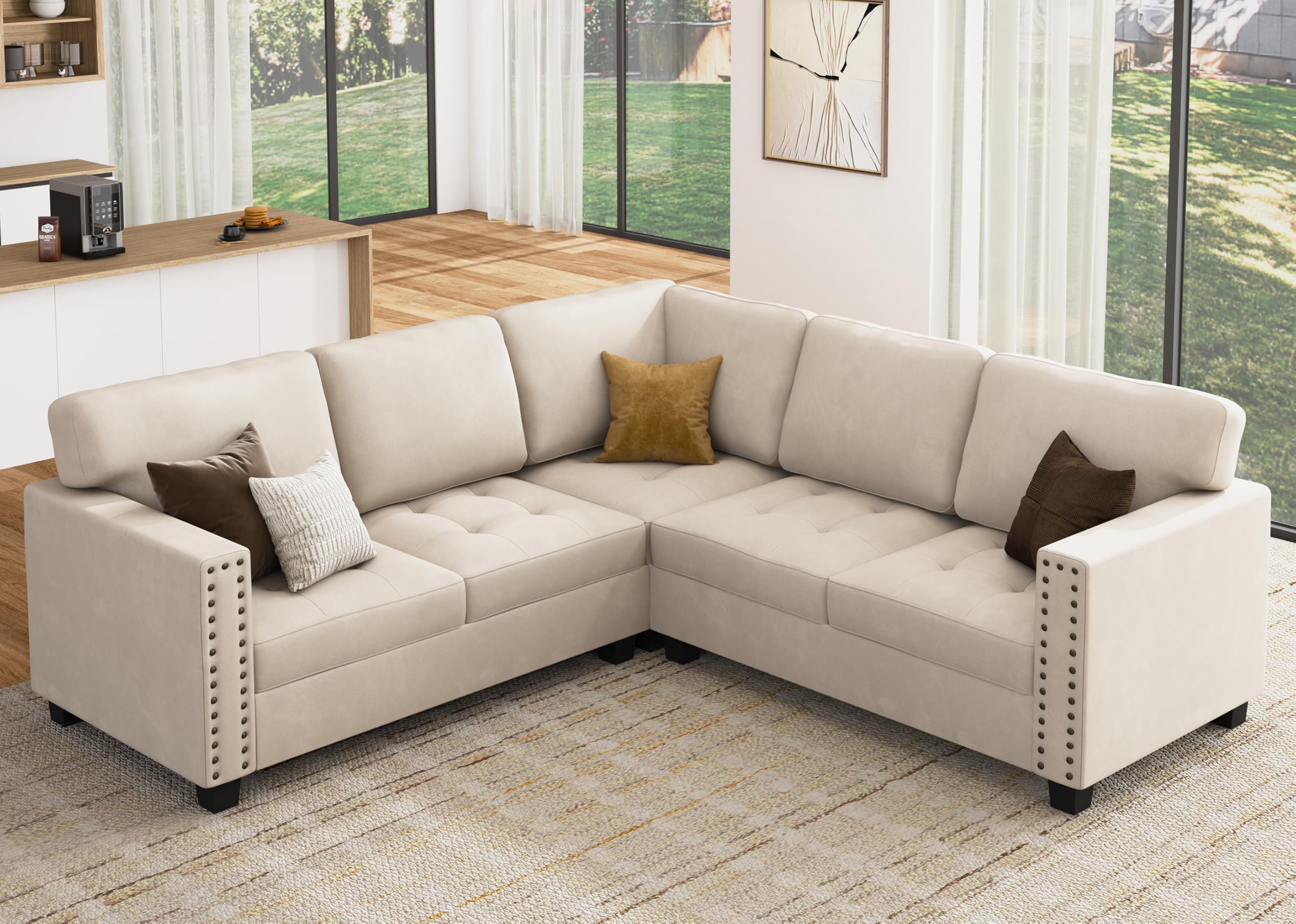 HONBAY Velvet Convertible Sectional Sofa L Shaped Couch Reversible 4 Seat Corner Sectional Sofa for Small Space, Beige