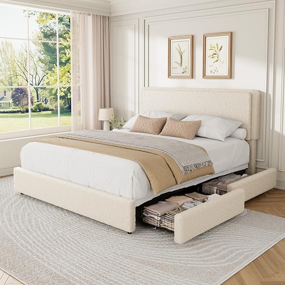 coucheta Teddy Fleece Thick Fabric Upholstered Platform Bed with 2 Storage Drawer, Modern Cloud Bed Frame with Adjustable Headboard, Soft Teddy Fabric, No Box Spring Needed, Queen, Beige