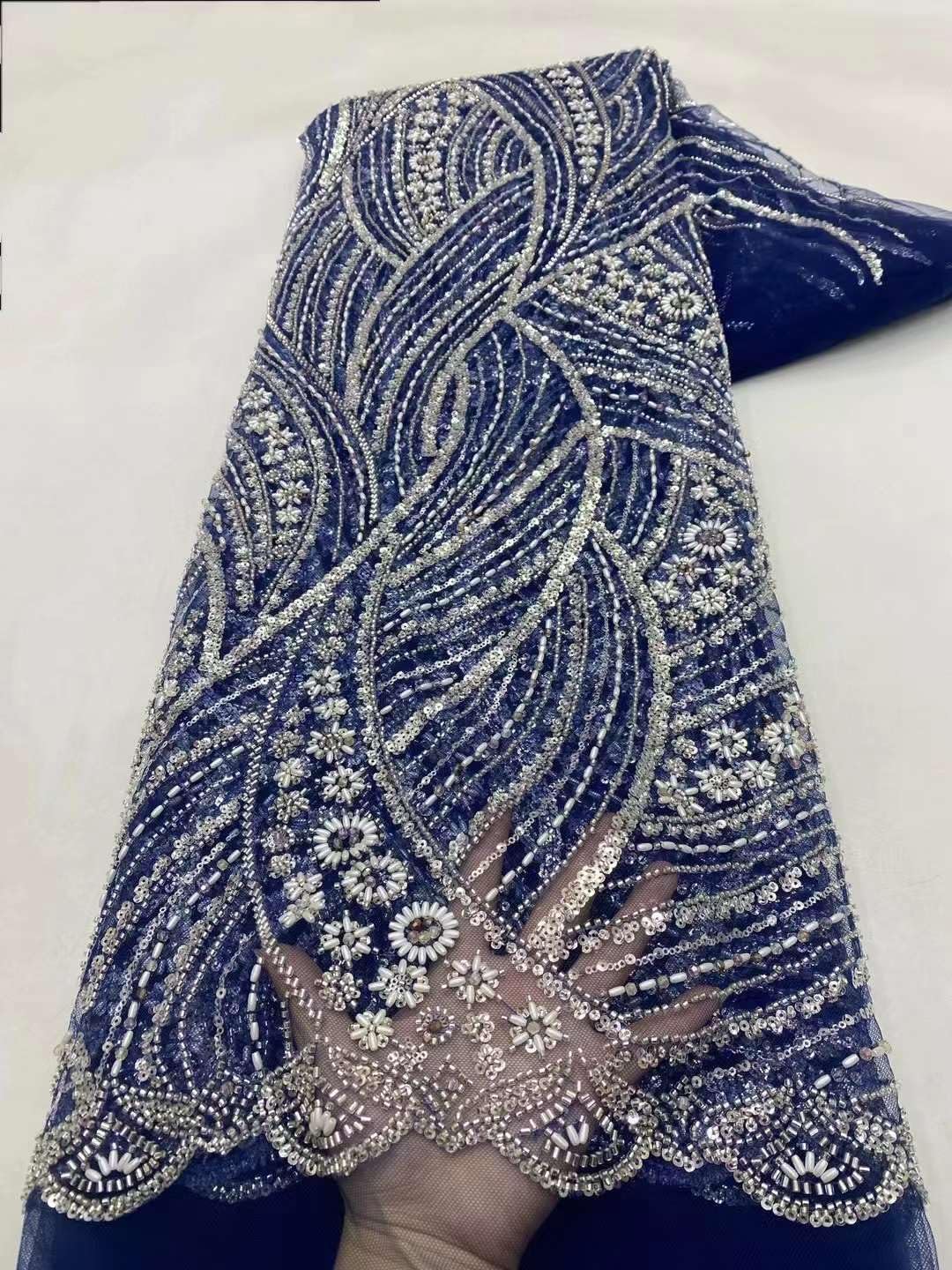 Heavy Beaded Lace Fabric with Beads Rice Pearls Tulle Net Sequins，African Lace Fabric Clothing Premuim Textile,5Yards Cutting for Sewing Woman Apparel Wedding Bridal Party Dress(Burnt Orange)