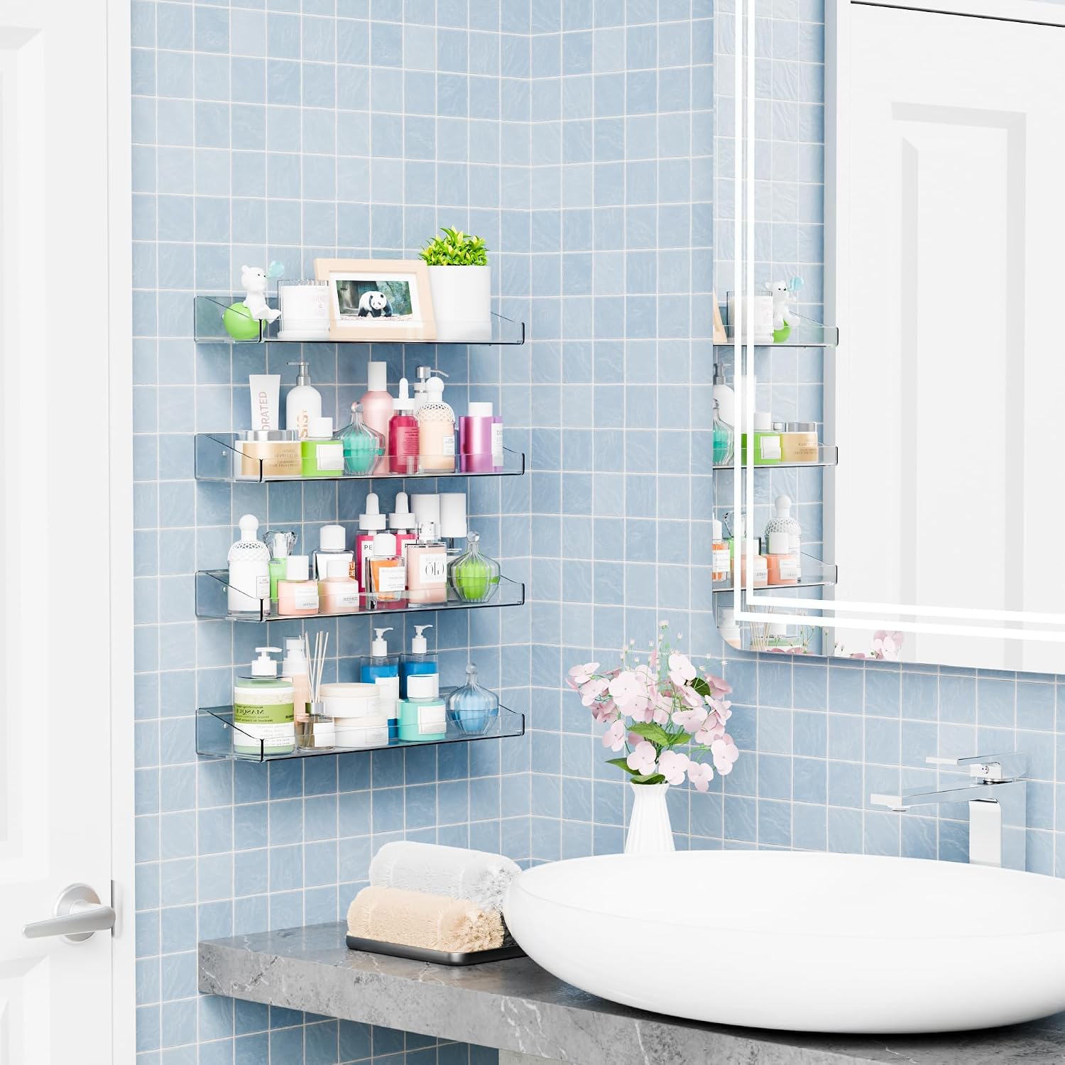 Yieach 4 Pack Adhesive Clear Bathroom Shower Shelves,No Drill Acrylic Shower Wall Caddy,Bathroom Shelf,Floating Shelves for Inside Shower Wall Organizer and Storage for Makeup,Perfume,Shampoo Holder
