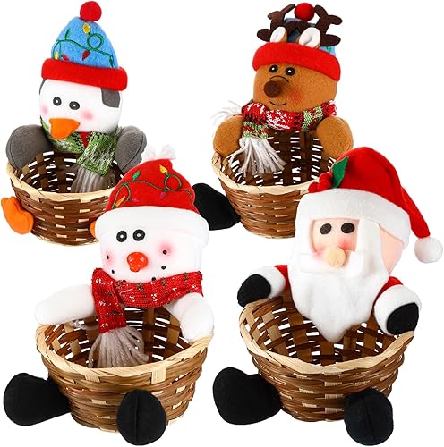4 cestas de almacenamiento de dulces de Navidad, Papá Noel, reno, muñeco de nieve, pingüino, cesta de caramelos, decoración de Navidad, cuenco de