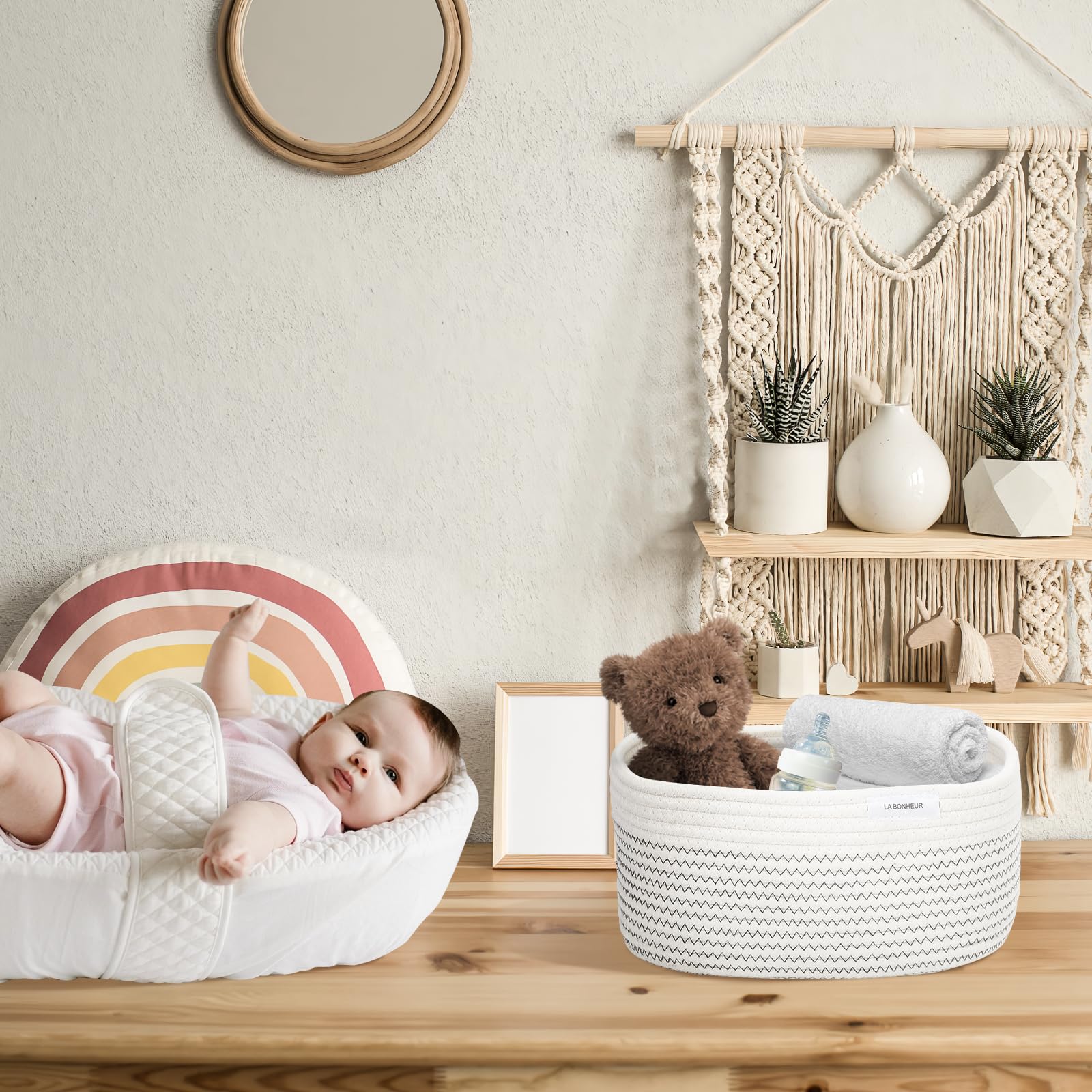 LA BONHEUR Cesto portaoggetti in corda di cotone intrecciato, 4 pezzi, per il bagno, fasciatoio, organizer per neonati,