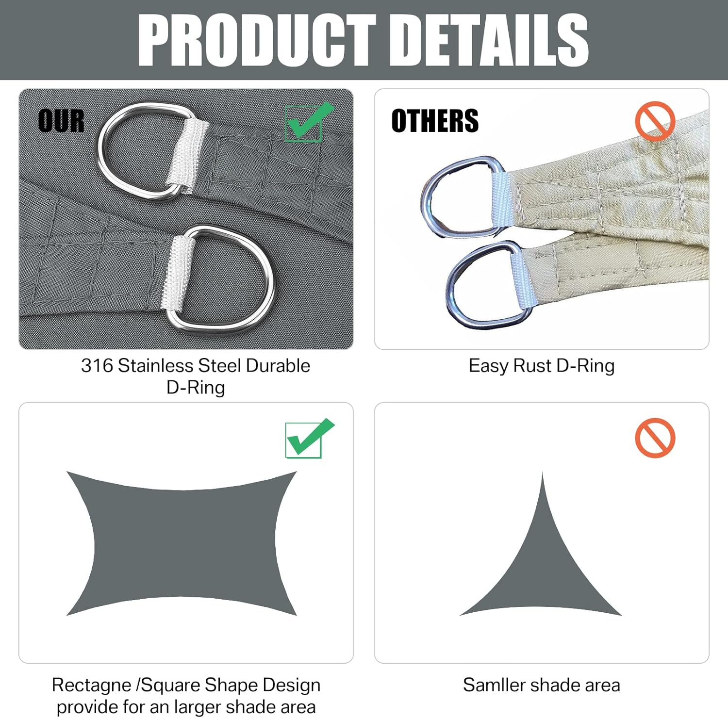 Neween Waterproof Sun Shade Sail Rectangle UV Block Canopy for Outdoor Patio and Garden, Yard Activities (6'x10', Gray)