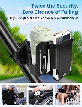 Wheelchair Cup Holder with Phone Holder, 2-in-1 Walker Cup Holder, 360 Rotatable Clamp with Silicone Shock Protection, Accessories for Rollator Walker with Seat, Wheelchair, Walker, Camper, Golf Cart