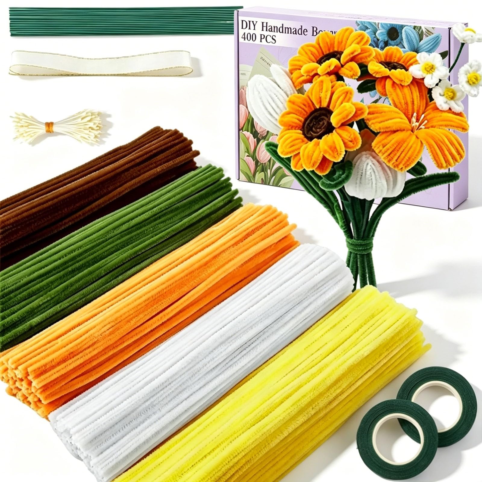 400 Pièces Fil Chenille Bouquet de Tournesols, Cure-pipe Bouquet de Tournesol, Bricolage Pipe Cleaners Set avec Floratape et Tige Fleur Artificielle, Adapté aux Fournitures de Bouquet de Fleurs