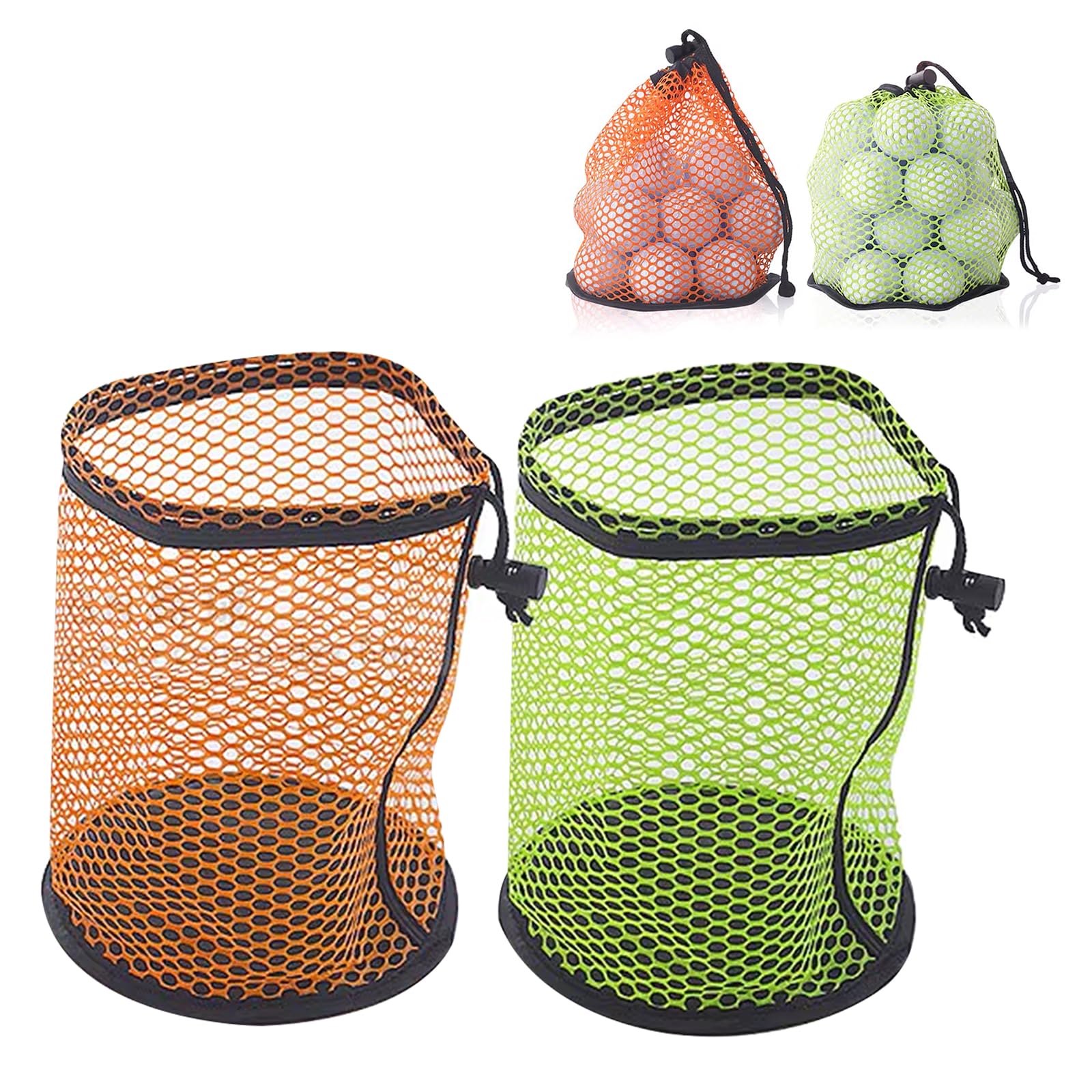 MXGHIR 2 PCS Golf Ball Bag, Golf Ball Storage Bags with Drawstring Cord Lock Closure Each Hold 25 Balls, Nylon Mesh Accessories Pouch for Men, for Courses, Shcool, Training, Camping (Orange, Green)