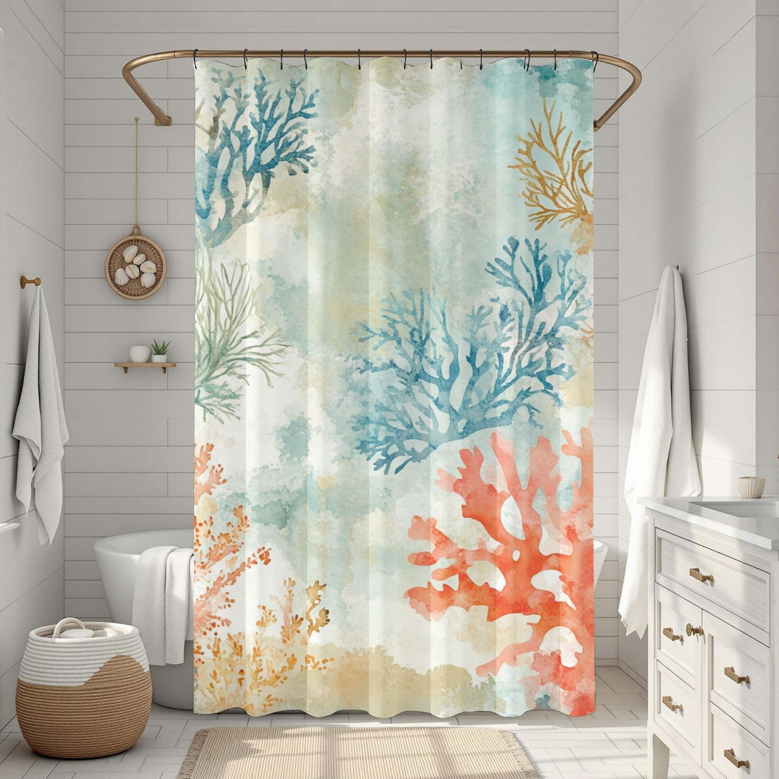 Cortina de Ducha de Coral Acuarela, decoración de baño con Algas Marinas, Estampados Abstractos en Tela de poliéster (260x200cm/102x79in(WxH)/)