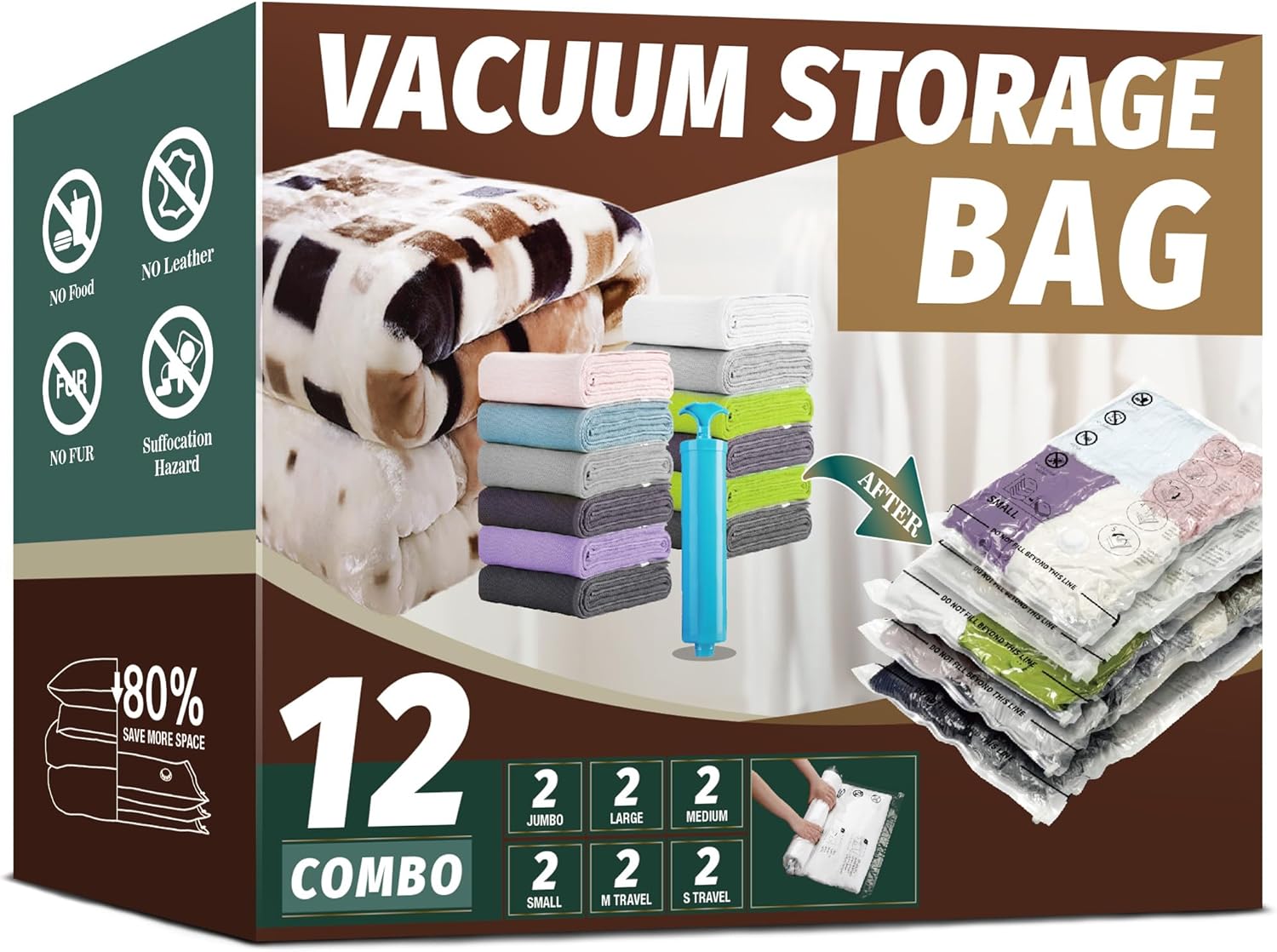 12 Vacuum Storage Bags, Space Saver Compression Storage Bags for Comforters and