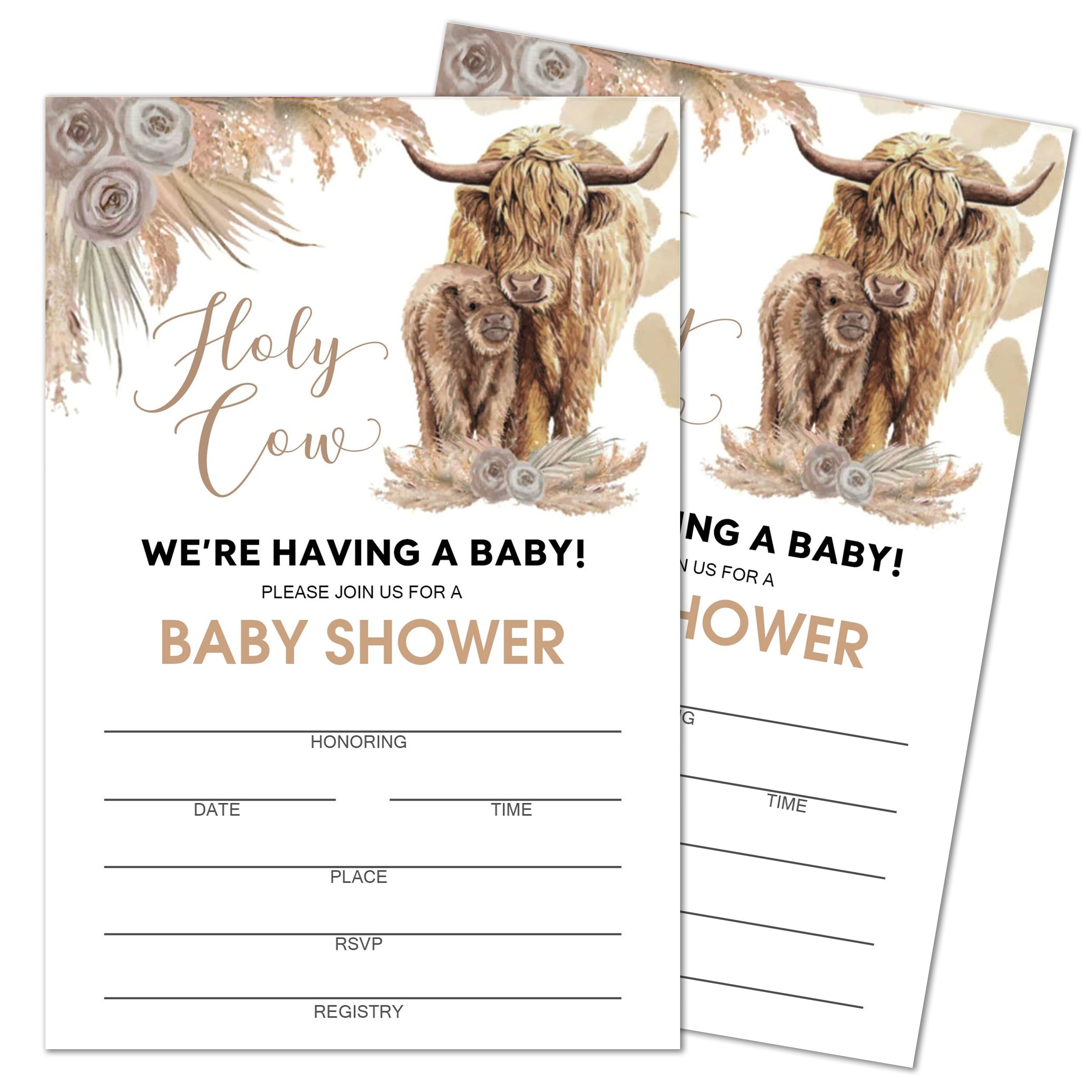 Moonle Holy Cow Baby shower invitation with Envelopes for boy, Boho Highland Cow baby shower Invites for party supplies, Set of 25