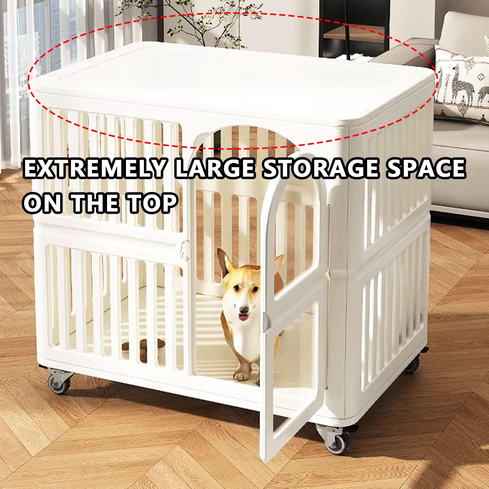 Gabbia per cani portatile di medie dimensioni con materiale in resina, ruote girevoli con freni, serratura della porta e porta trasparente per un facile accesso e conservazione superiore