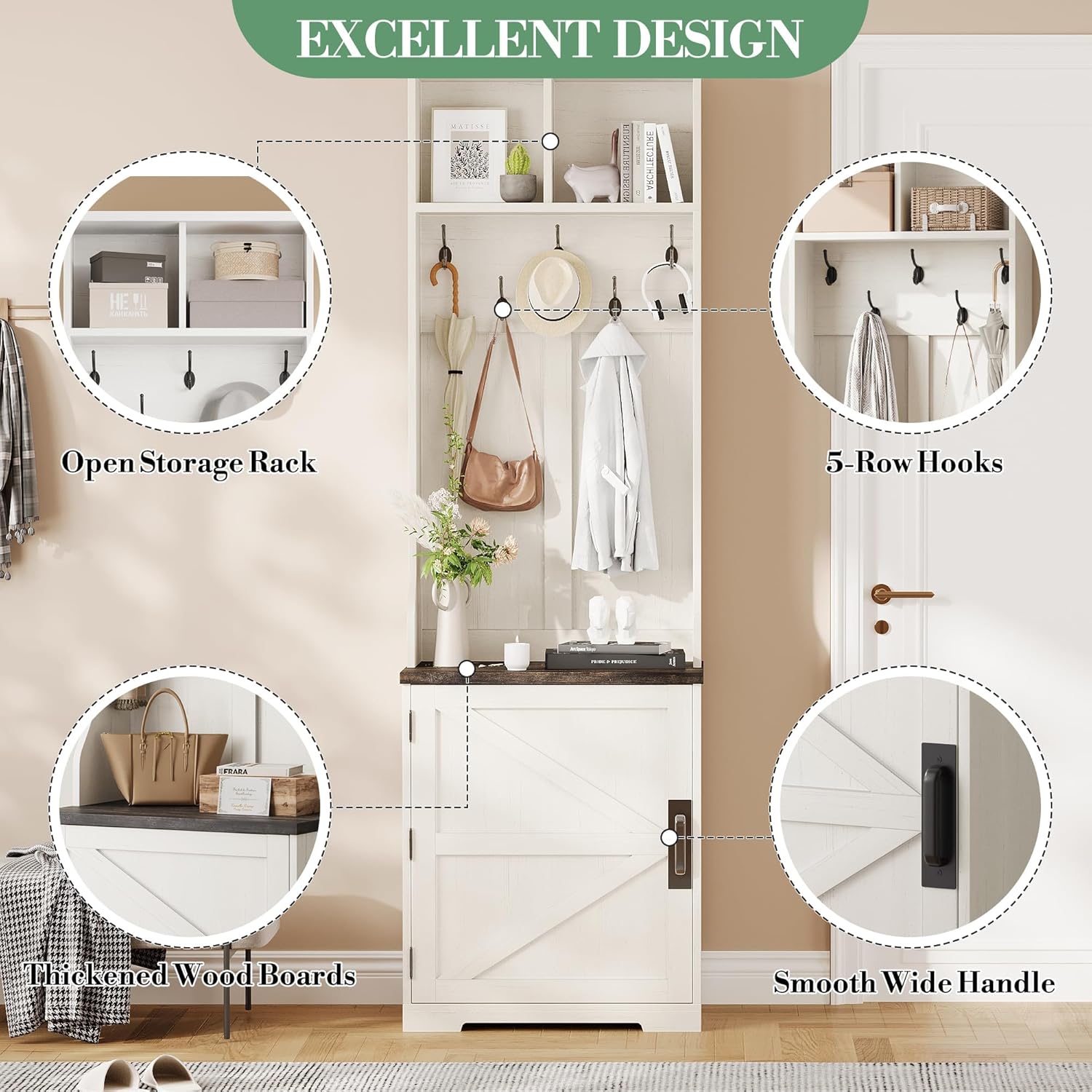 Hall Tree with Shoe Storage, Farmhouse Narrow Coat Rack with Bench, 23.6" Small Entryway Hall Tree with 2 Cubbies, 5 Hooks & Door, Slim Entrance Shoe Organizer Cabinet for Hallway, Living Room, Brown