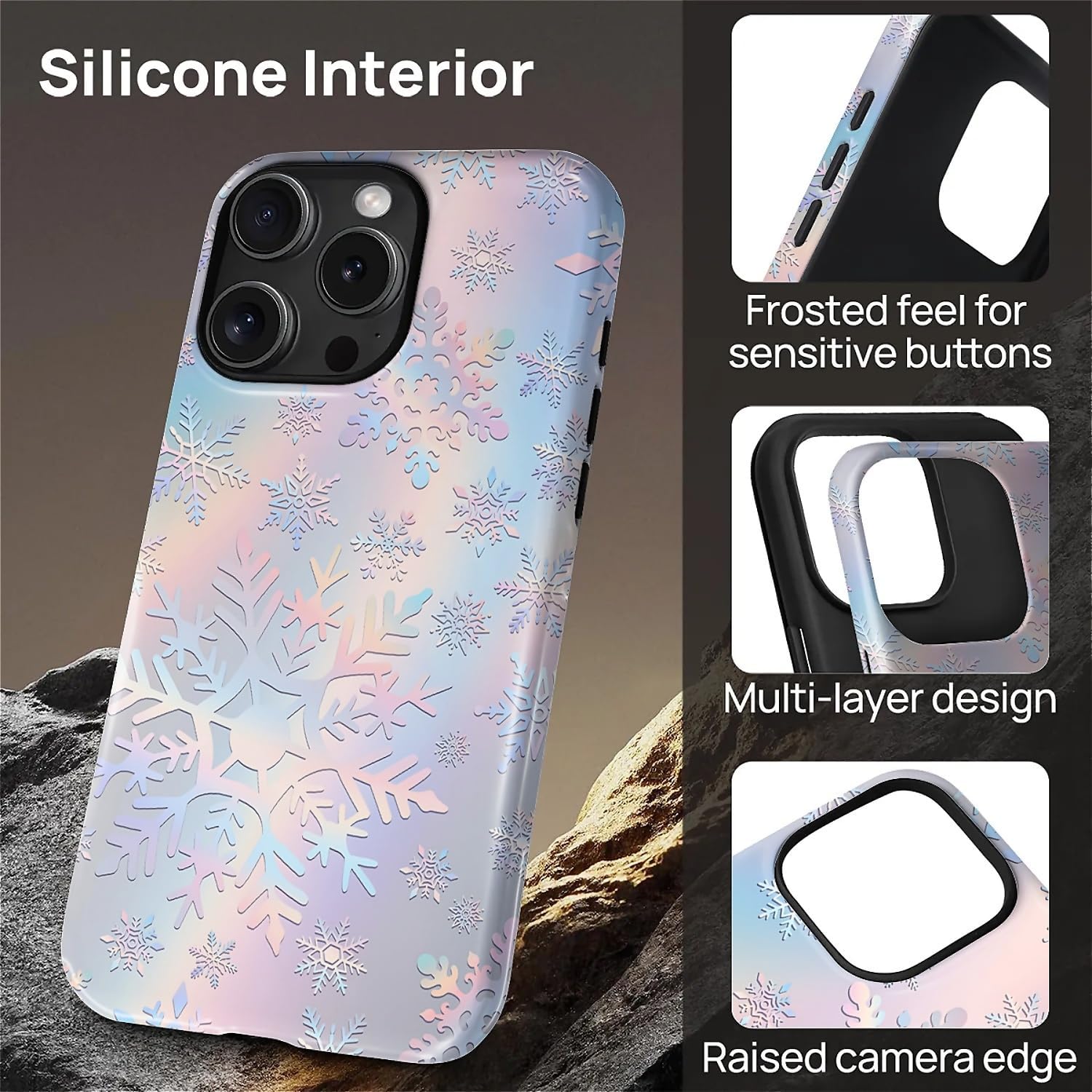 Case for iPhone 16 Pro Max [Compatible with MagSafe], Glossy Soft Silicone + Hard PC Anti-Scratch Shockproof Protective 2-in-1 Case for Women Men - Snowflakes