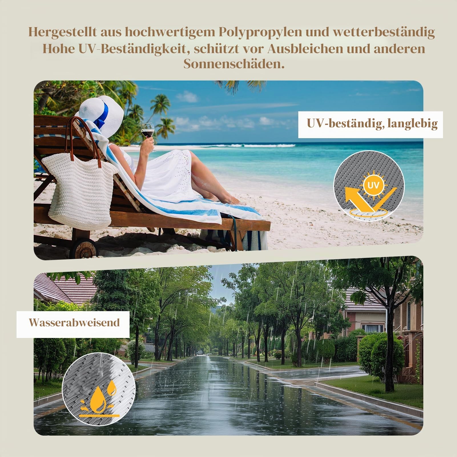 OMERAI Outdoor Teppich Wetterfest Garten Balkon Teppiche Terrasse Wasserdicht Leichtgewicht Reversible Outdoor Recycled Kunststoff UV Beständig Camping Teppich Garten Matte, Grau 180X270CM