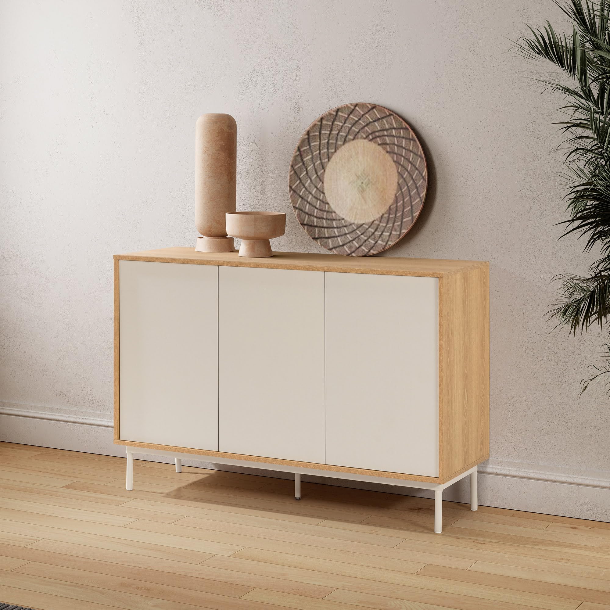 HOMN LIVING Aparador Cuzco 3 Puertas Color Roble/Gris, 120 cm (Ancho) 40 cm (Profundo) 80 cm (Altura)