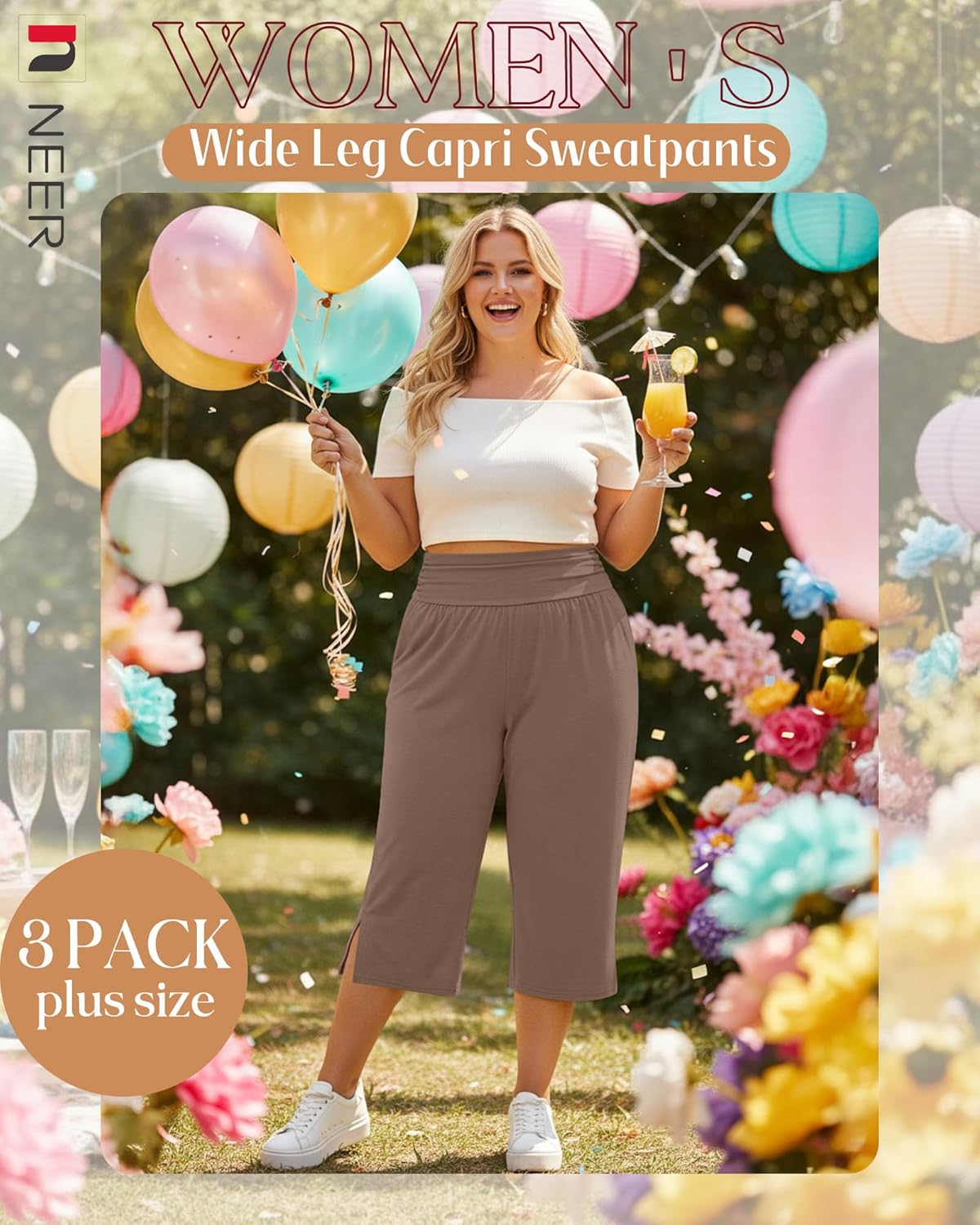 Neer 3 Pack Women's Plus Size Cotton Capri Pants High Waisted Wide Leg Loose Lounge Yoga Cropped Sweatpants with Pockets - Image 6