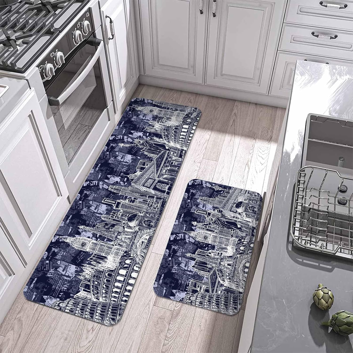 Prime Leader Abstract Kitchen Mat Set 2 Pieces Navy Blue and White Global Landmarks Collage Art Non Slip Kitchen Rugs Washable Runner Rug Mats for Sink Laundry (15.7" x 23.6"+15.7" x 47.2")