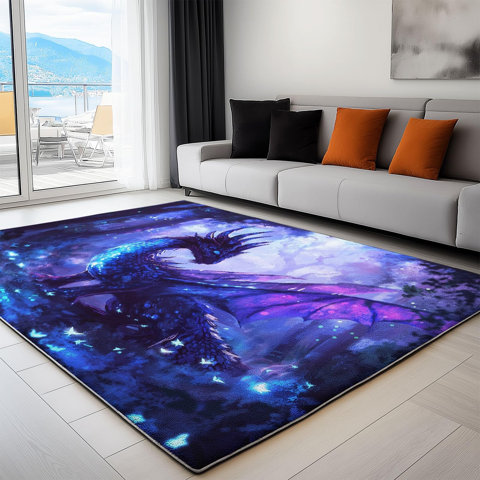 Teppich Wohnzimmer Fantasy Kunst, Drache Im Fantasy Kunststil Waschbar rutschfest Weich Kurzflor Teppich, Vintage Teppich für Wohnzimmer, Schlafzimmer, Esszimmer, 120x170cm