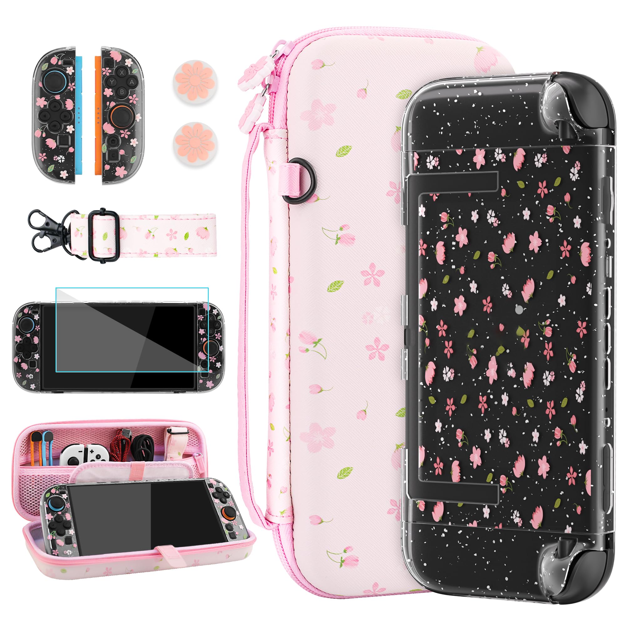 RHOTALL Custodia da trasporto rosa con fiori di ciliegio per Nintendo Switch 2, custodia protettiva da viaggio Sakura, custodia trasparente glitterata con fiore agganciabile per Switch 2, pellicola