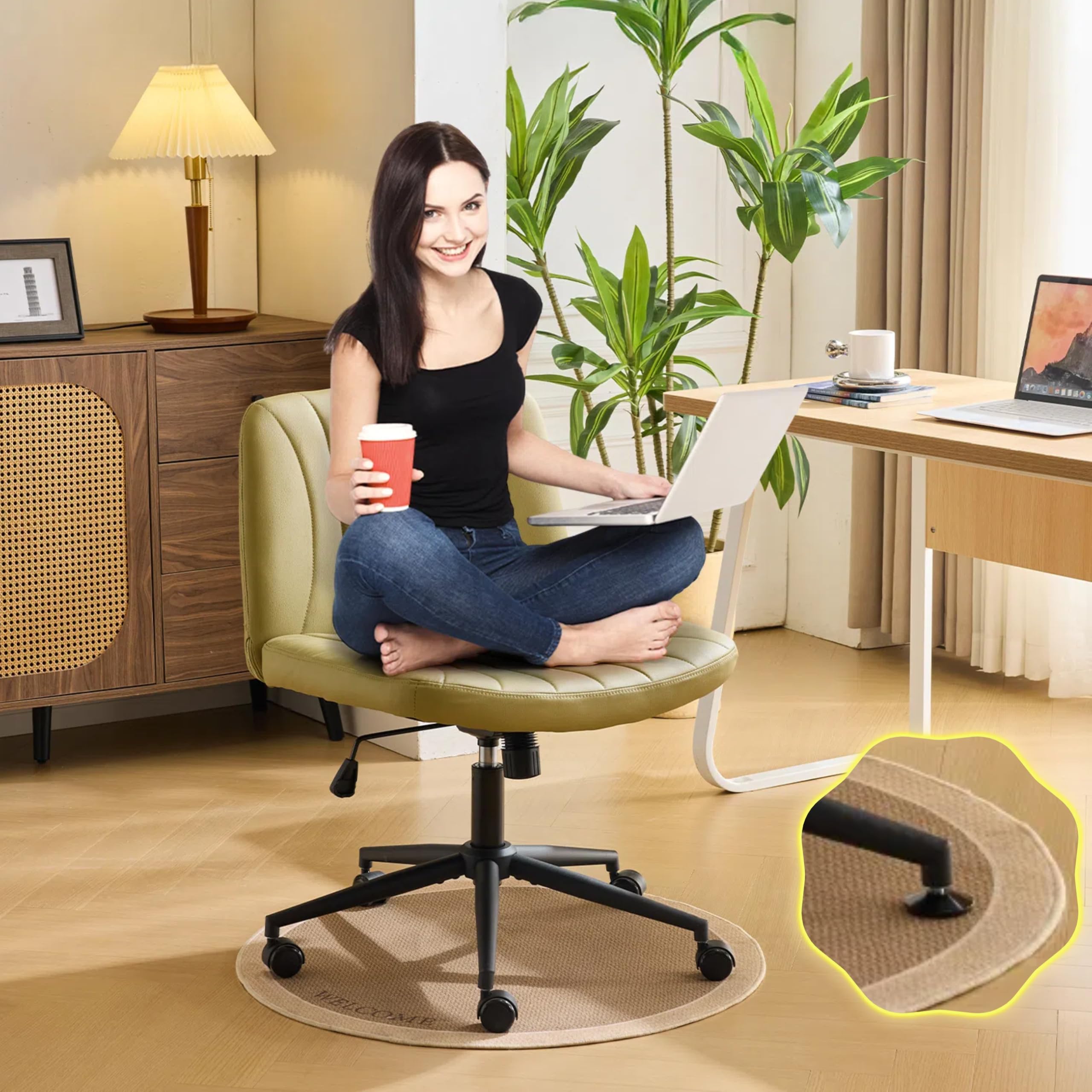 VINGLI Criss Cross Legged Chair,Wide Comfy Office Desk Chair,Dual-Use with/no Wheels Computer Task Chair,Swivel Armless Vanity Rolling Chair for Study,Make Up,Home Office,Cat Scratch PU,Avocado Green