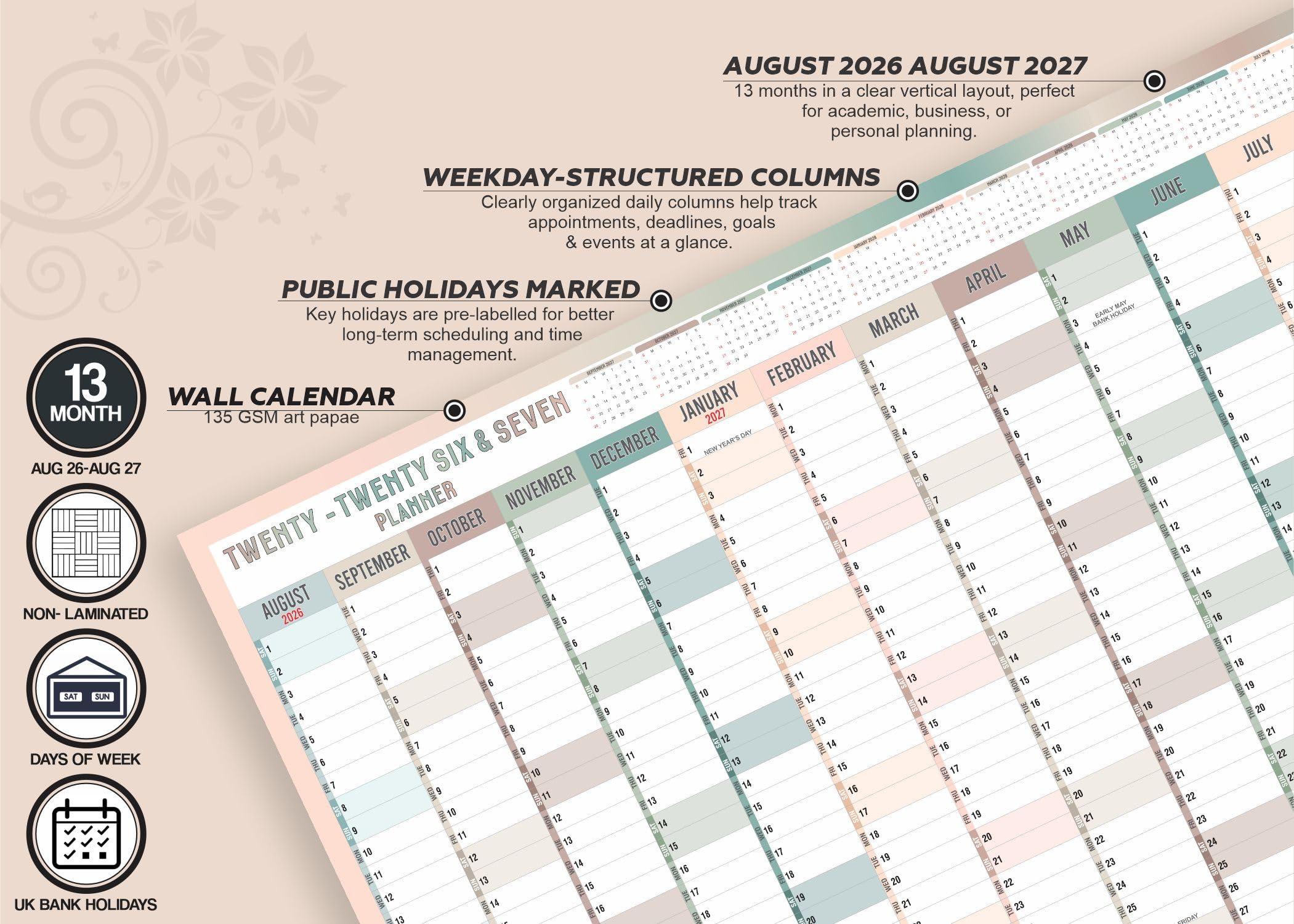 Agenda mural 2026-2027 A1 calendrier académique annuel grand planificateur août à août poster 59,4 x 84,1 cm