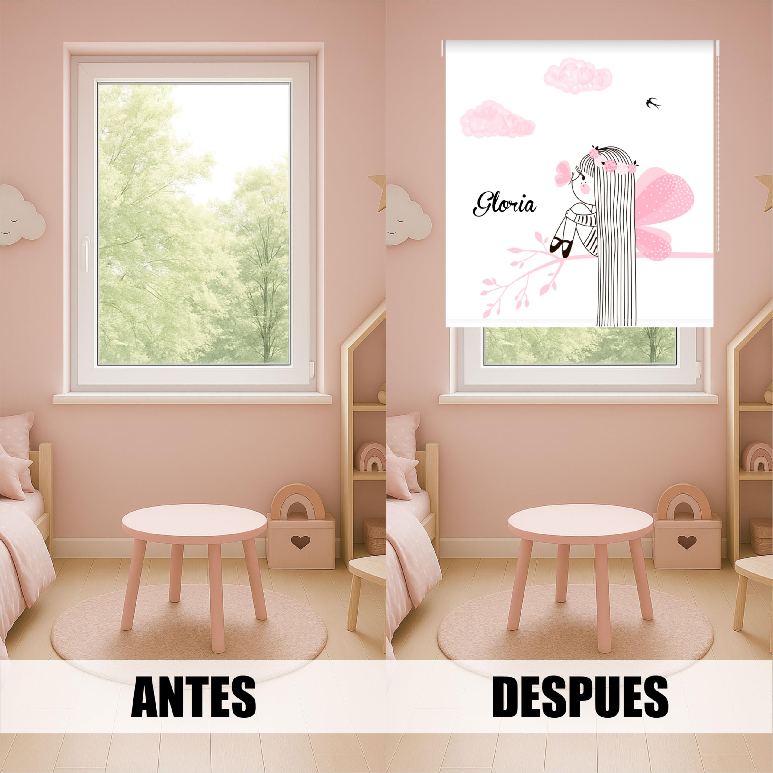Estor enrollable infantil niña personalizado con nombre | Hada en nubes rosa para niña | Cortina enrollable translúcida premium | Habitación bebé o juvenil chicas (40x60)