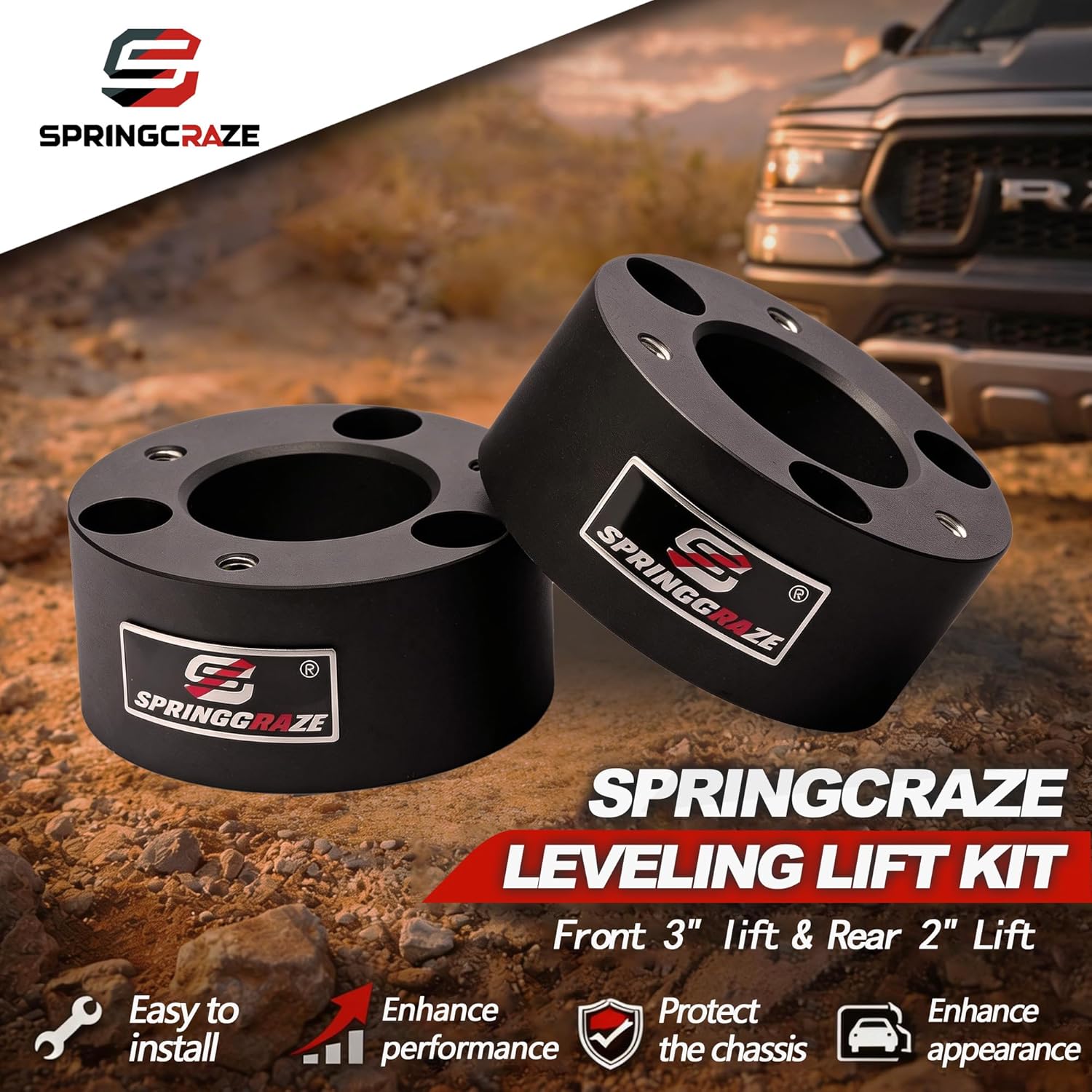 Leveling Lift Kit 3" Front + 2" for Rear 2009-2025 Ram 1500 4WD,with Sound Isolator Effectively Reduces Wear and Vibration During Driving.