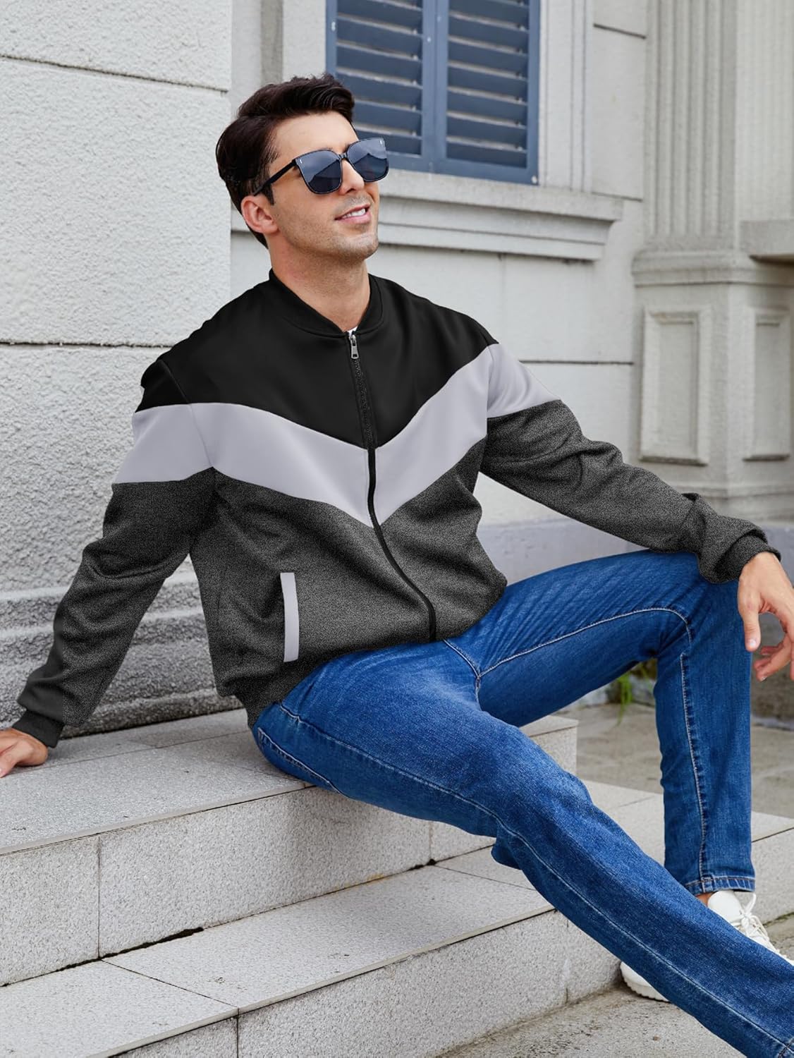 Arssm Mens Lightweight Jacket Color Block Bomber Jacket Patchwork Fall Zip Up Varsity Coat - Image 4