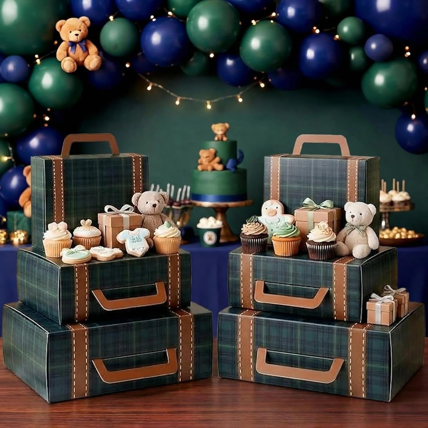 6 Pcs Vintage Suitcase Decorations Green Blue Tartan Plaids Travel Suitcases Boxes with 3 Sizes Decorative Paperboard Suitcase for Decoration, Storage, and More for Baby Shower Birthday Party