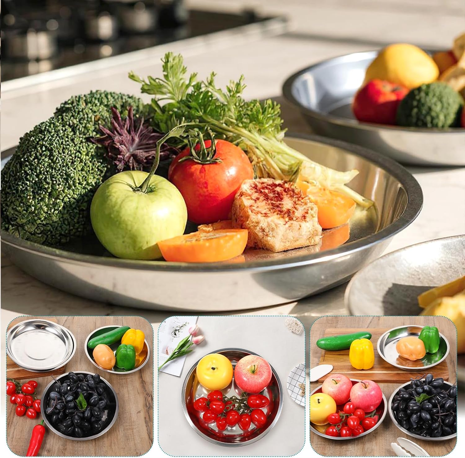 6 Pieces Stainless Steel Round Plates, 9 Inch Dinner Dishes, Feeding Serving Camping Plates for Home, Dishwasher Safe