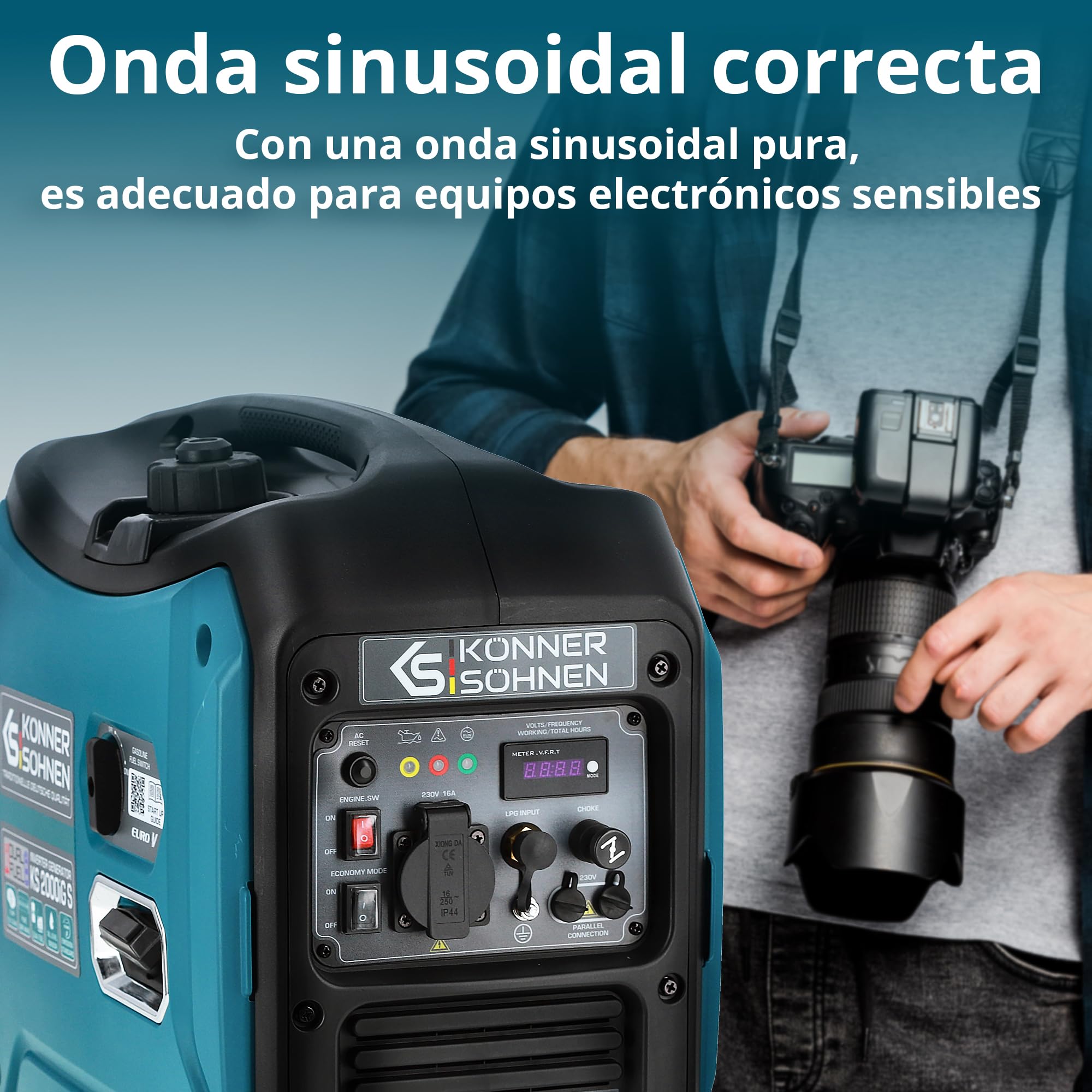 Generador inverter híbrido gas/gasolina Könner & Söhnen KS 2000iG S, 2000 W, carcasa insonorizada (62 dB), Schuko 230V, LED, modo eco, cobre, protección, EURO 5