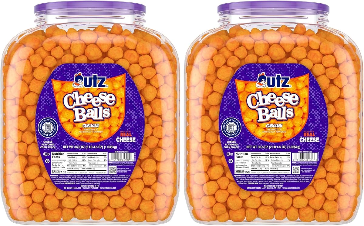 Barril de bolas de queso Utz, sabroso refrigerio horneado con queso cheddar real, refrigerio de fiesta deliciosamente poppable, sin gluten, colesterol ni grasas trans, certificado Kosher, 36.5 oz (paquete de 2)