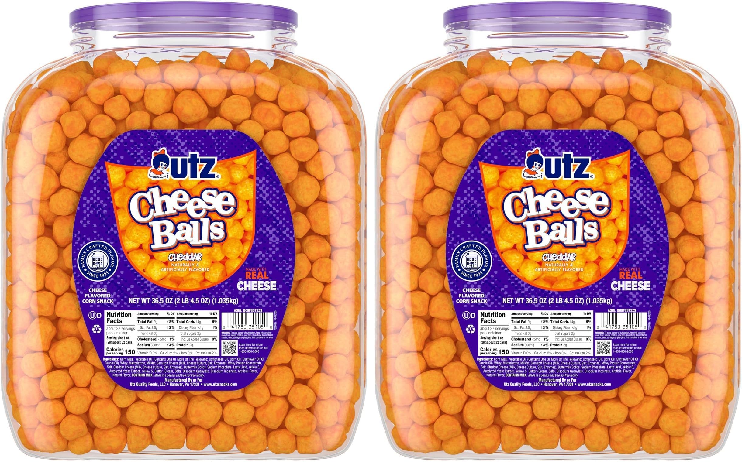Utz Cheese Balls Barrel, Tasty Snack Baked with Real Cheddar Cheese, Delightfully Poppable Party Snack, Gluten, Cholesterol and Trans-Fat Free, Kosher Certified, 36.5 Oz (Pack of 2)
