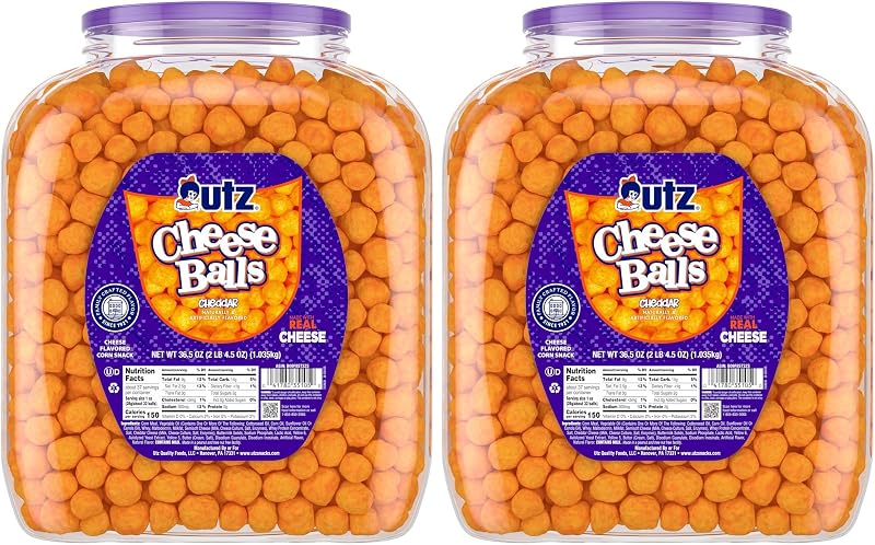 Barril de bolas de queso Utz, sabroso refrigerio horneado con queso cheddar real, refrigerio de fiesta deliciosamente poppable, sin gluten, colesterol ni grasas trans, certificado Kosher, 36.5 oz (paquete de 2)