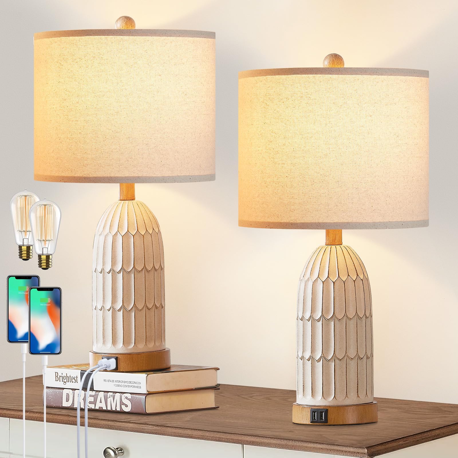 Cinkeda Boho Table Lamps Set of 2, Farmhouse 3-Way Dimmable Touch Nightstand Lamp with 2 USB Charging Ports, White Vintage Bedside Lamp for Bedroom Living Room End Table (Bulbs Included)